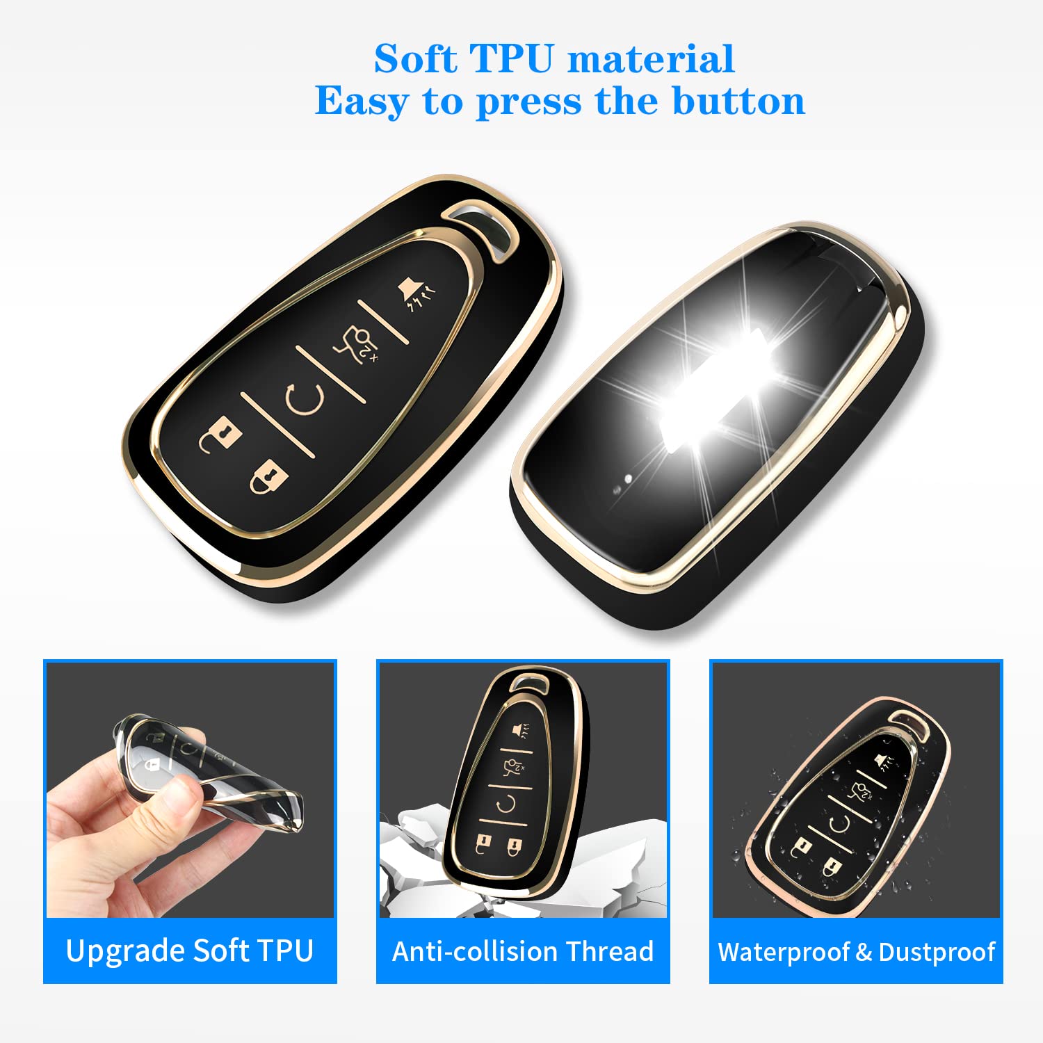 Qbuc For Chevy Key Fob Cover With Keychain Tpu Protector Suitable For Chevrolet Equinox Malibu Traverse Blazer Camaro Impala Cruze Volt Bolt Sonic Trax Tahoe Key Shell Remote Holder(Black)