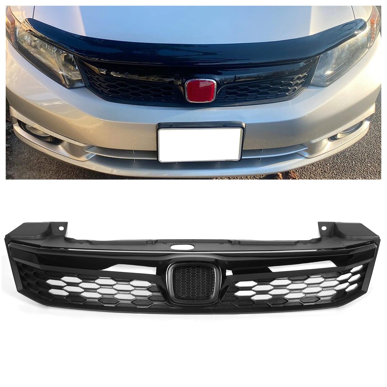KUAFU Front Bumper Hood Mesh Grille Compatible with 2012 Honda Civic 4 Dr Sedan JDM Style Replace for HO1200206 71121TR0A01 Gril