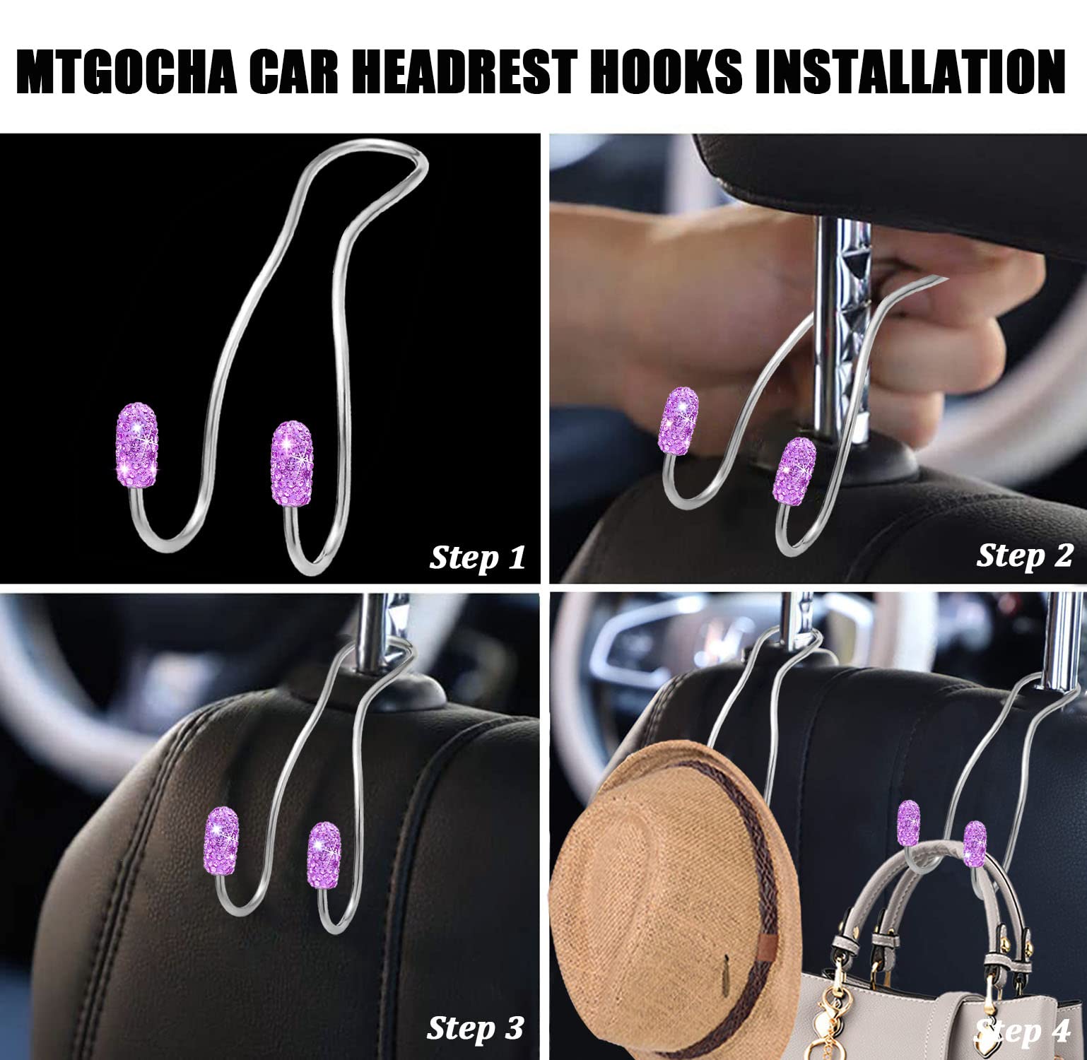 Mtgocha Car Headrest Hooks Car Purse Hanger, Universal Car Hook For Handbag And Wallet, Bling Car Accessories For Women 2 Pack,
