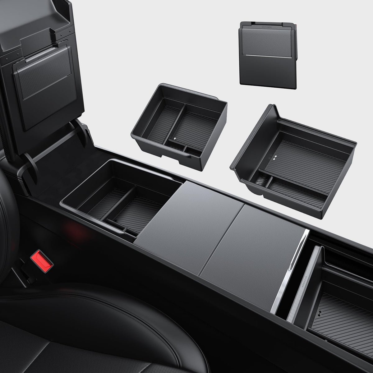 Basenor 3Pcs 2024 2025 Tesla Model 3 Center Console Organizer [Carbon Edition] Armrest Hidden Storage Box Custom For Model 3 Hig
