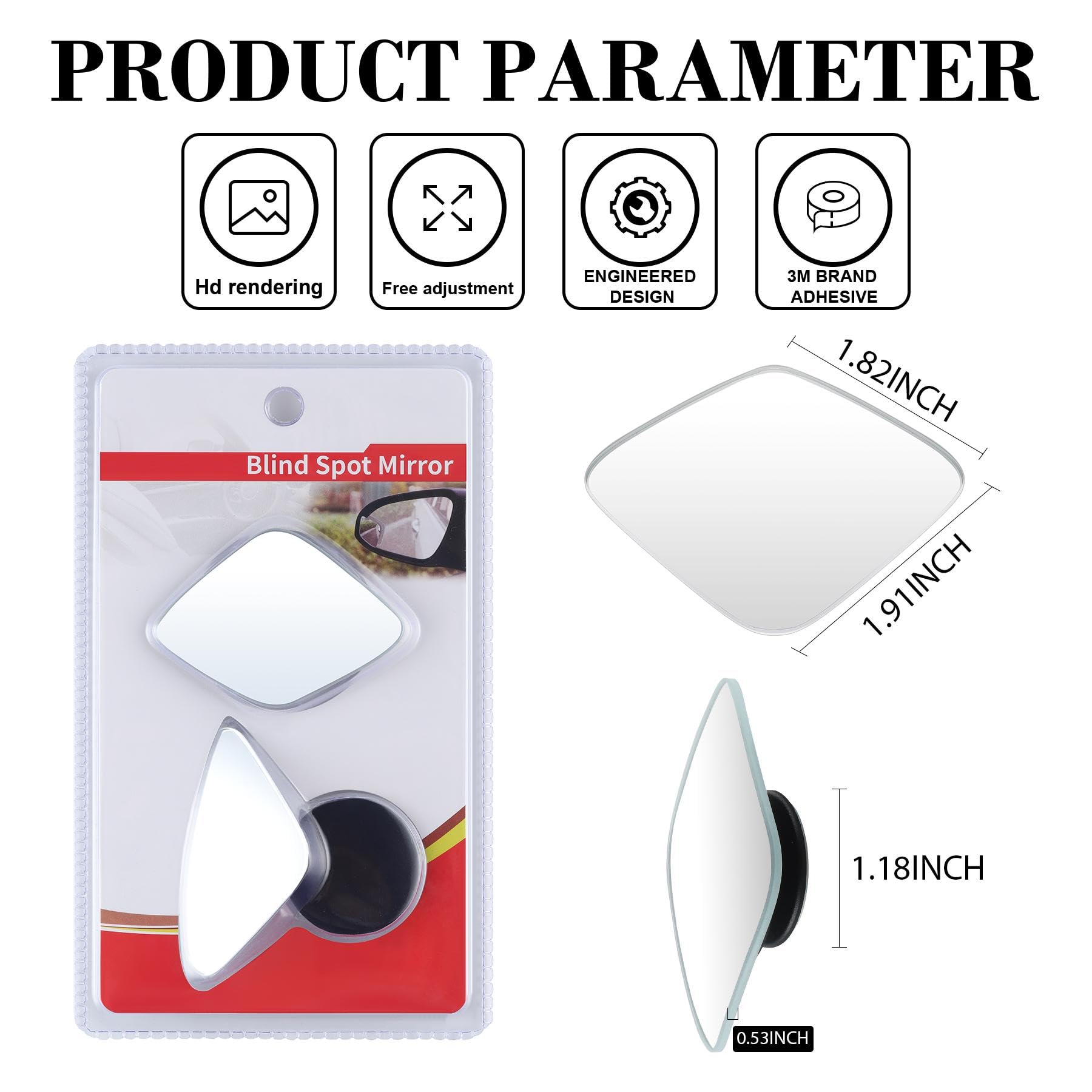 Livtee Blind Spot Mirror,Rhombus Shaped Hd Glass Frameless Convex Rear View Mirror With Wide Angle Adjustable Stick For Cars Suv