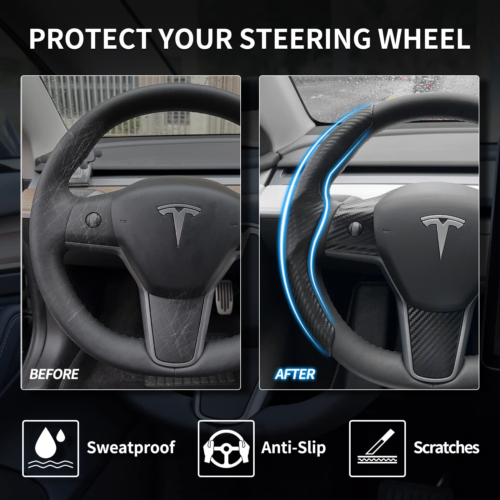 Uxcer Tesla Model 3/Y Steering Wheel Cover, Carbon Fiber Steering Wheel Wrap Stickers For Tesla Model 3 Model Y 2017-2021 2022 2