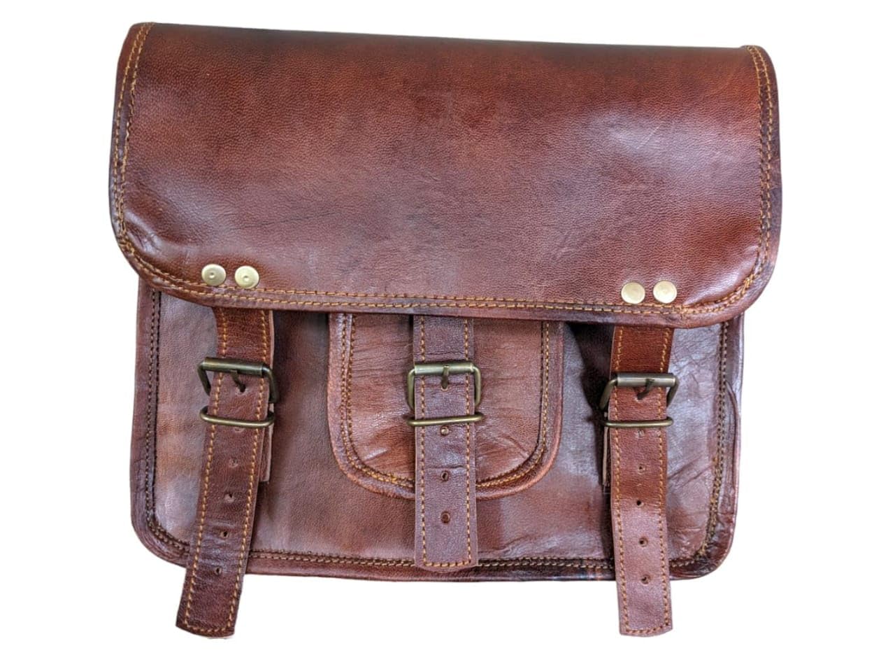 Prastara Motorcycle Large Saddle Tan Color Studed 2 Strap Real Leather Saddlebag Biker Bag