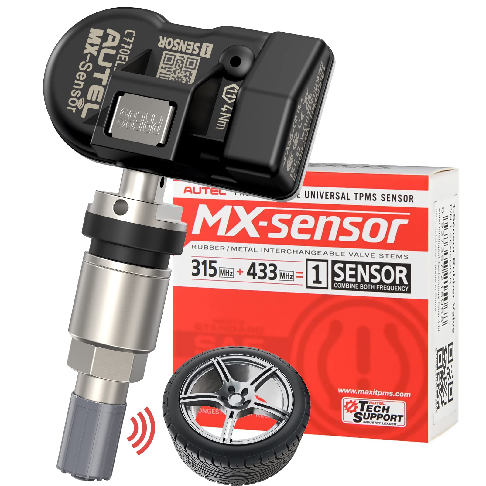 Autel TPMS Sensor 1-Sensor, MX-Sensor 315MHz + 433MHz Metal Valve, Programmable Universal Specially Built for OEM Sensors Replac