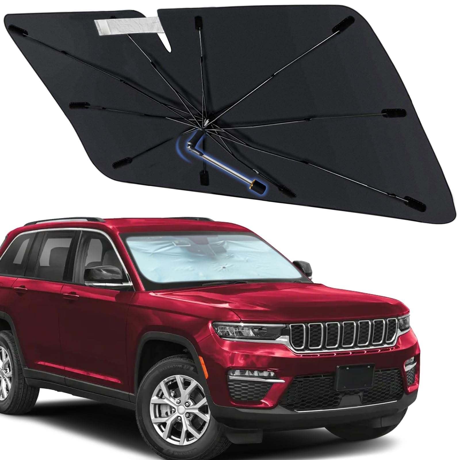 Windshield Sun Shade Umbrella for Jeep Grand Cherokee/Grand Cherokee 4XE 2022-2025, Foldable Front Window Sunshade with 360 Rota