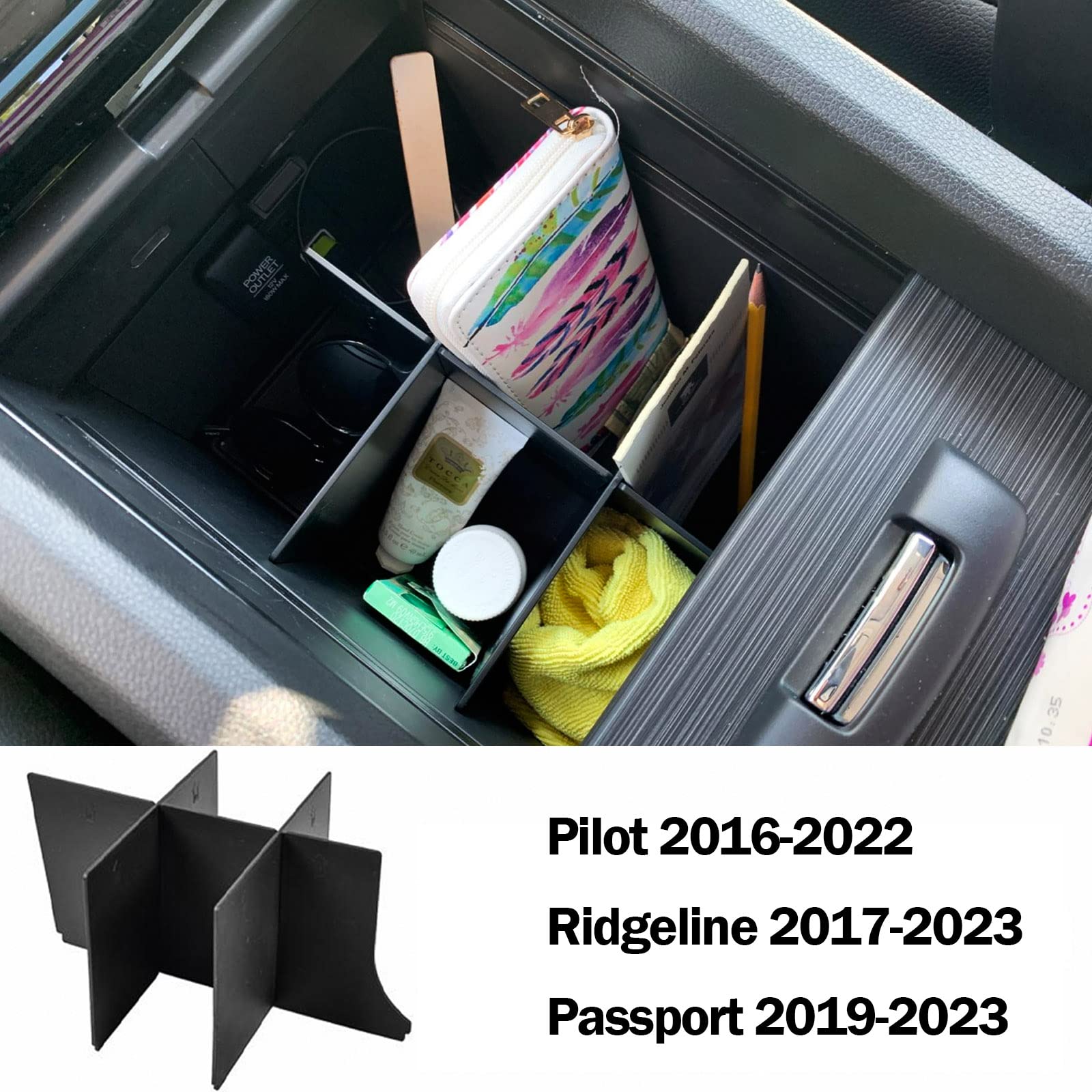 Tacobro Center Console Organizer Dividers For Honda Pilot 2016-2022 / Ridgeline 2017-2022 2023/ Passport 2019-2022 2023 Accessories, Black Abs Plastic Insert Secondary Storage