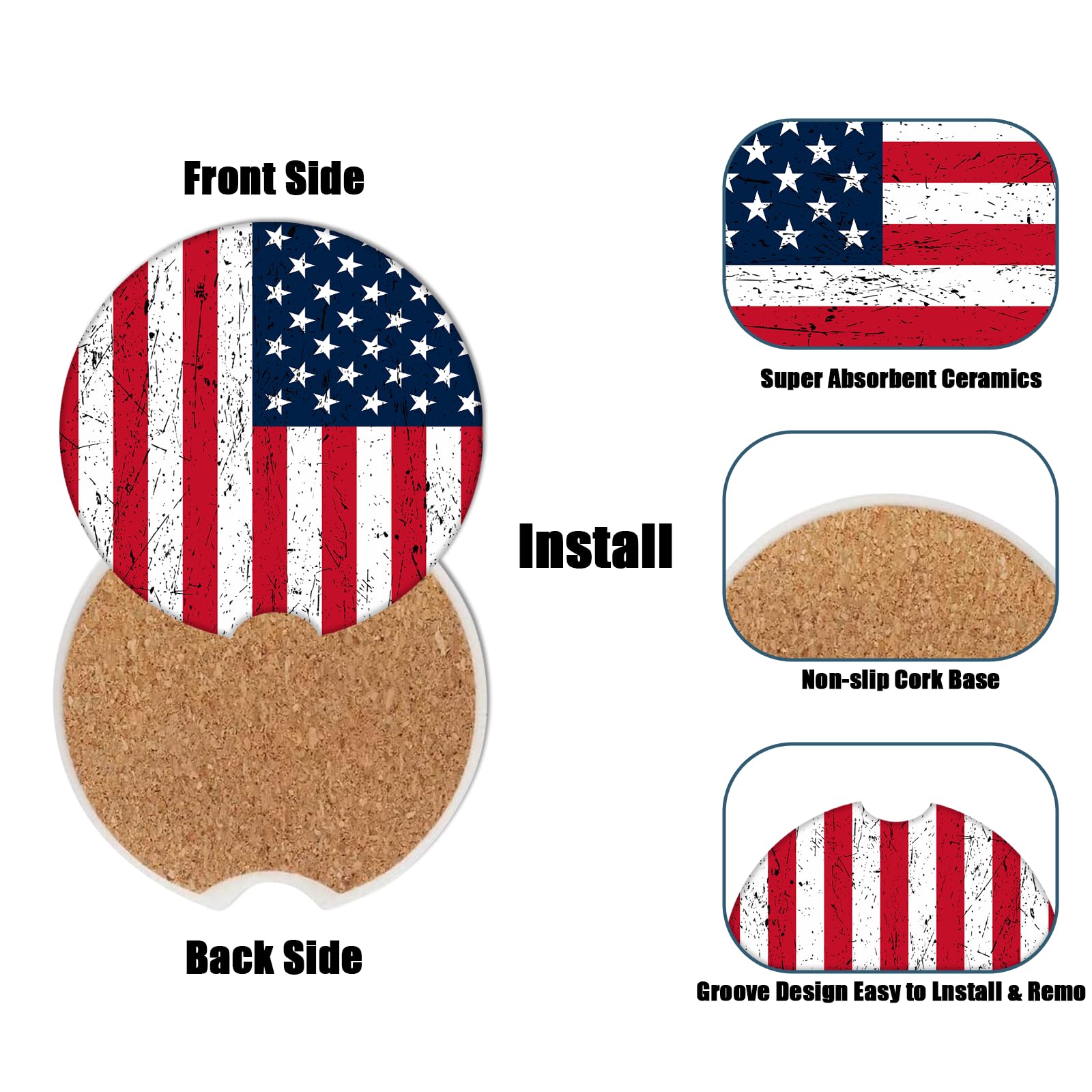 Car Cup Holder Coaster - American Flag Absorbent Ceramic Coaster, Car Coasters for Cup Holders, Auto Accessories for Women & Men