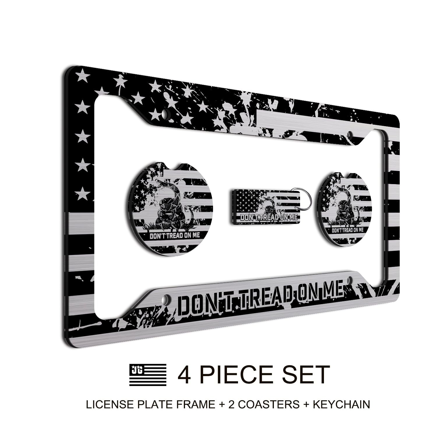 JASS GRAPHIX Don't Tread On Me License Plate Frame Set - Brushed 12"x6" Patriotic Car Accessories - Gadsden Flag Design