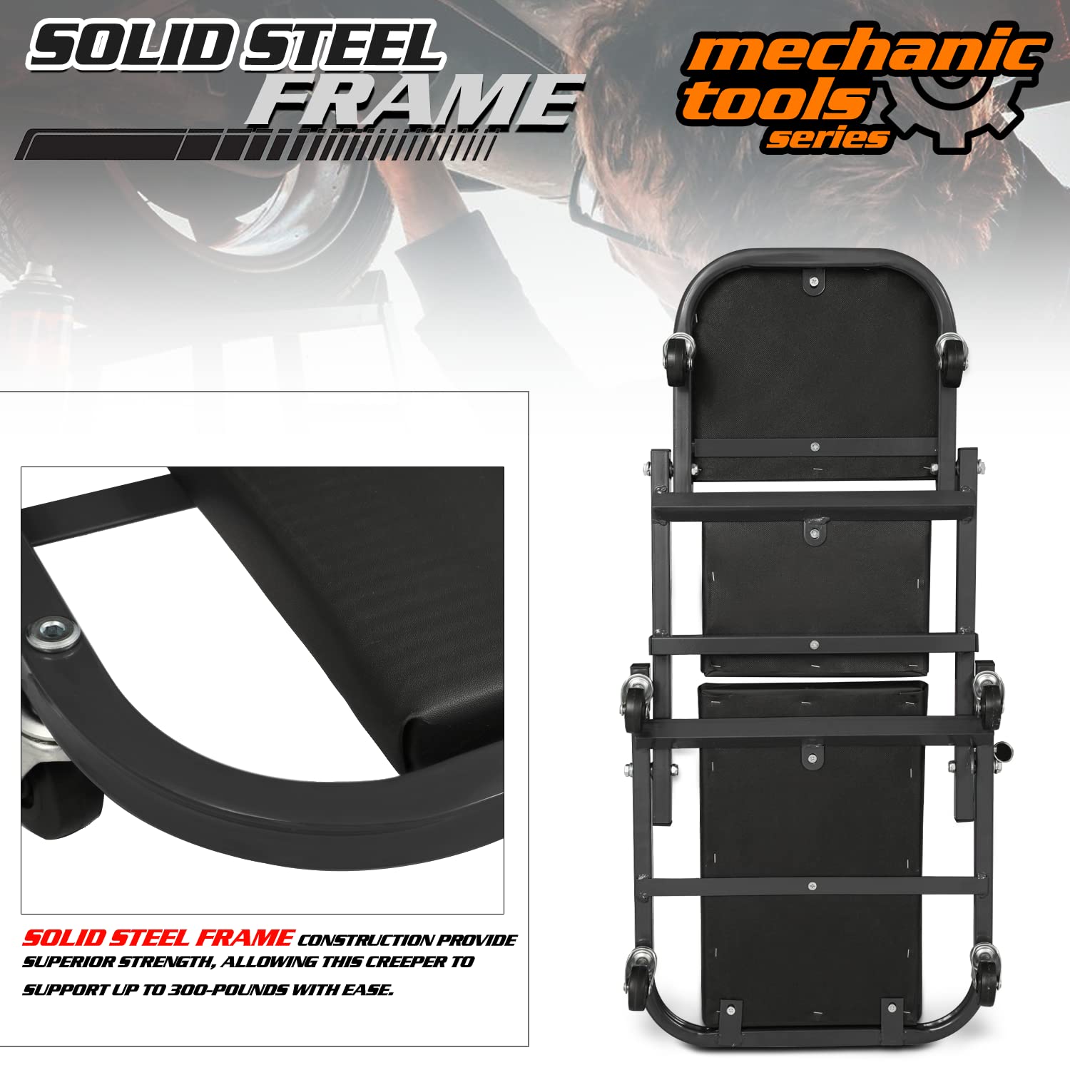 M-Auto Foldable Z Creeper 2-In-1 Rolling Folding Car Creeper & Seat, 36'' Adjustable Roller Garage Chair Lay Down Or Sit, 330Lbs