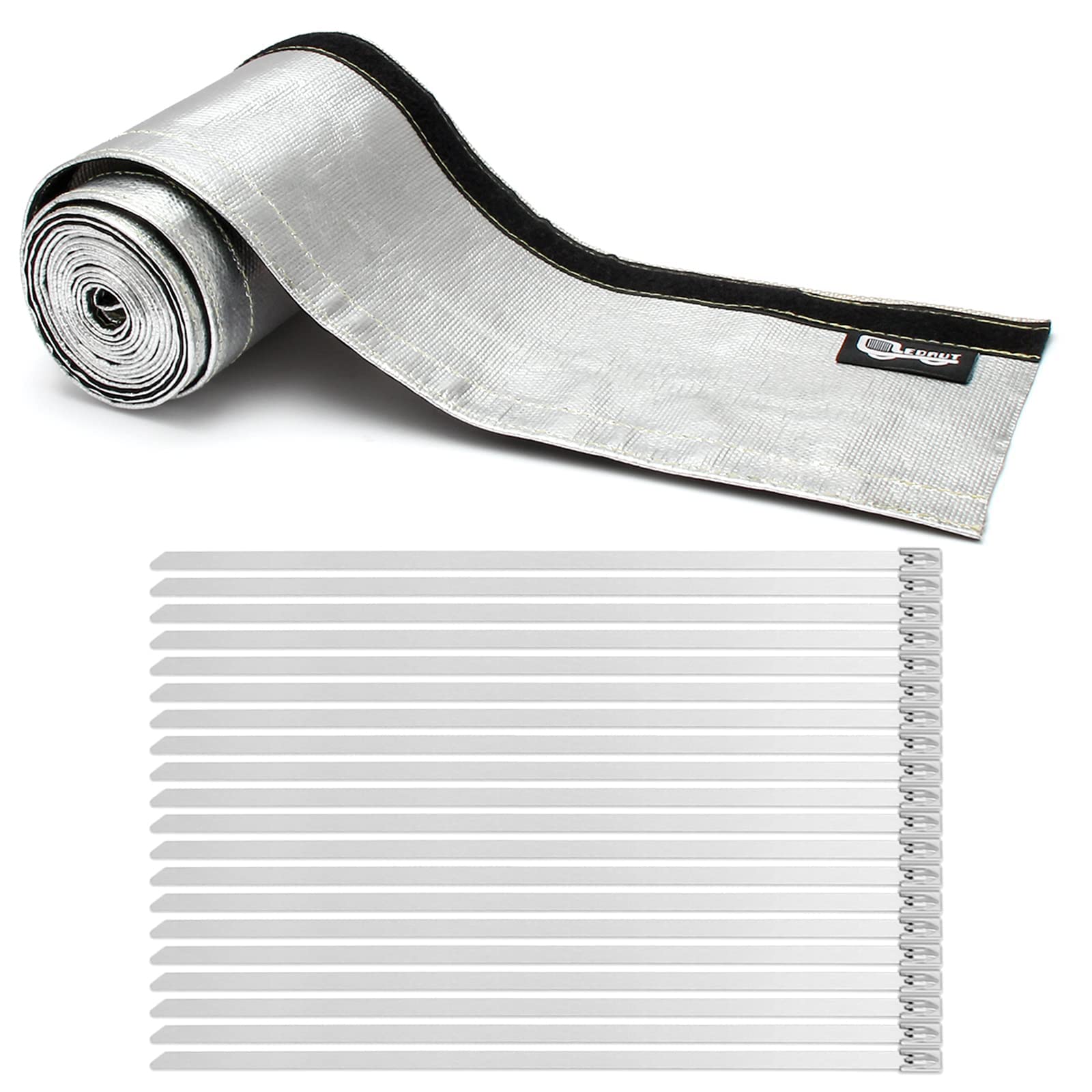 Heat Shroud Aluminized Sleeving Heat Shield Fuel Line Wire Heat Sleeve 1-1/4''I.D. X 10Ft With 20 Pcs 7.8Inch Stainless Steel Ca