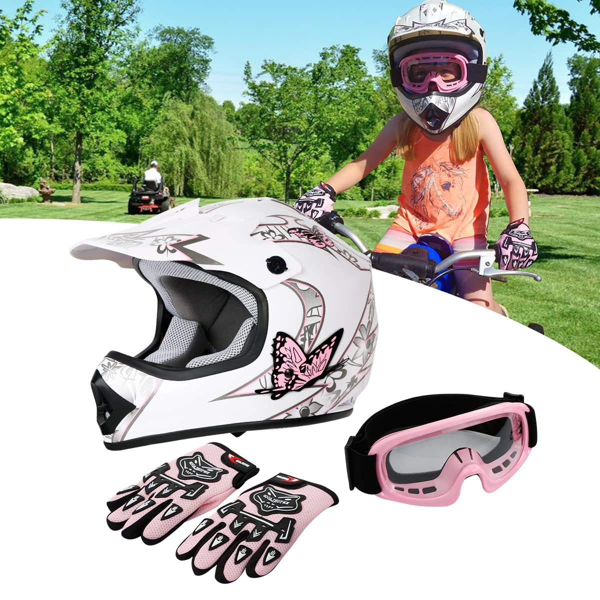 SLMOTO Youth Motorcycle Helmet, Large Pink Butterfly Design, ABS Material, Includes Goggles & Gloves