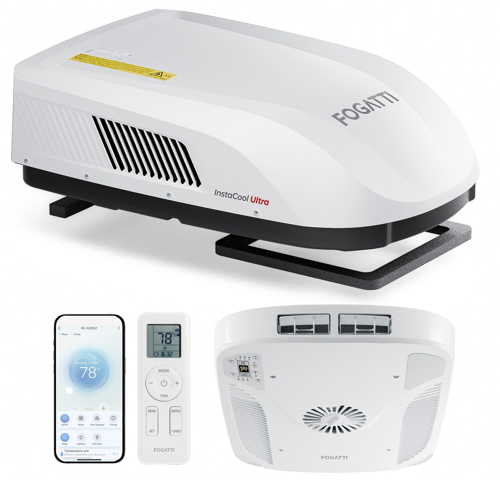 FOGATTI RV Air Conditioner 16K BTU, with Heat Pump and Cooling, with WiFi and Remote Control, Quiet AC, Low Profile Rooftop AC U