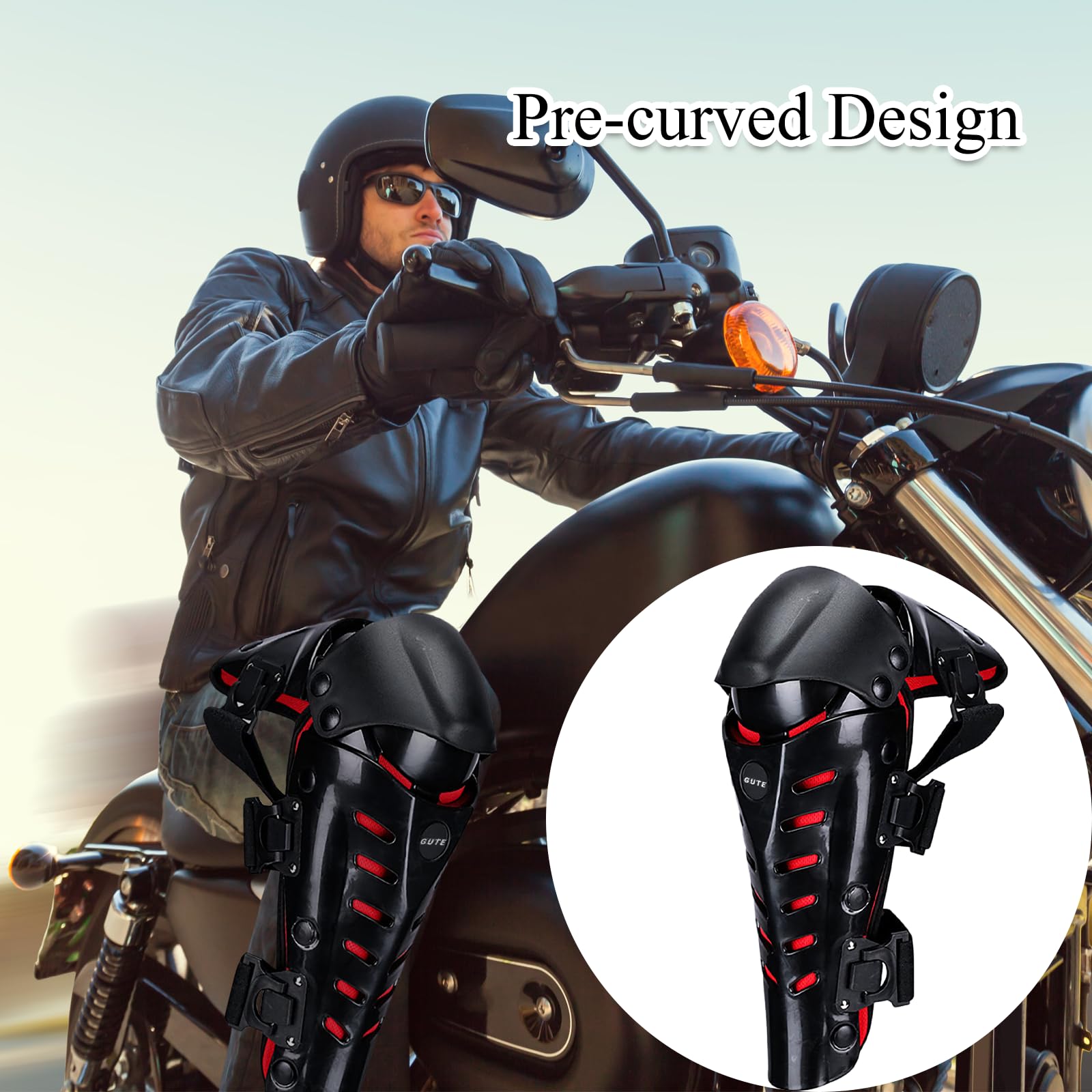 Gute Knee Pads,Adjustable Long Leg Sleeve Gear Crashproof Nonslip Protective Shin Guards for Motorcycle Mountain Biking-Red