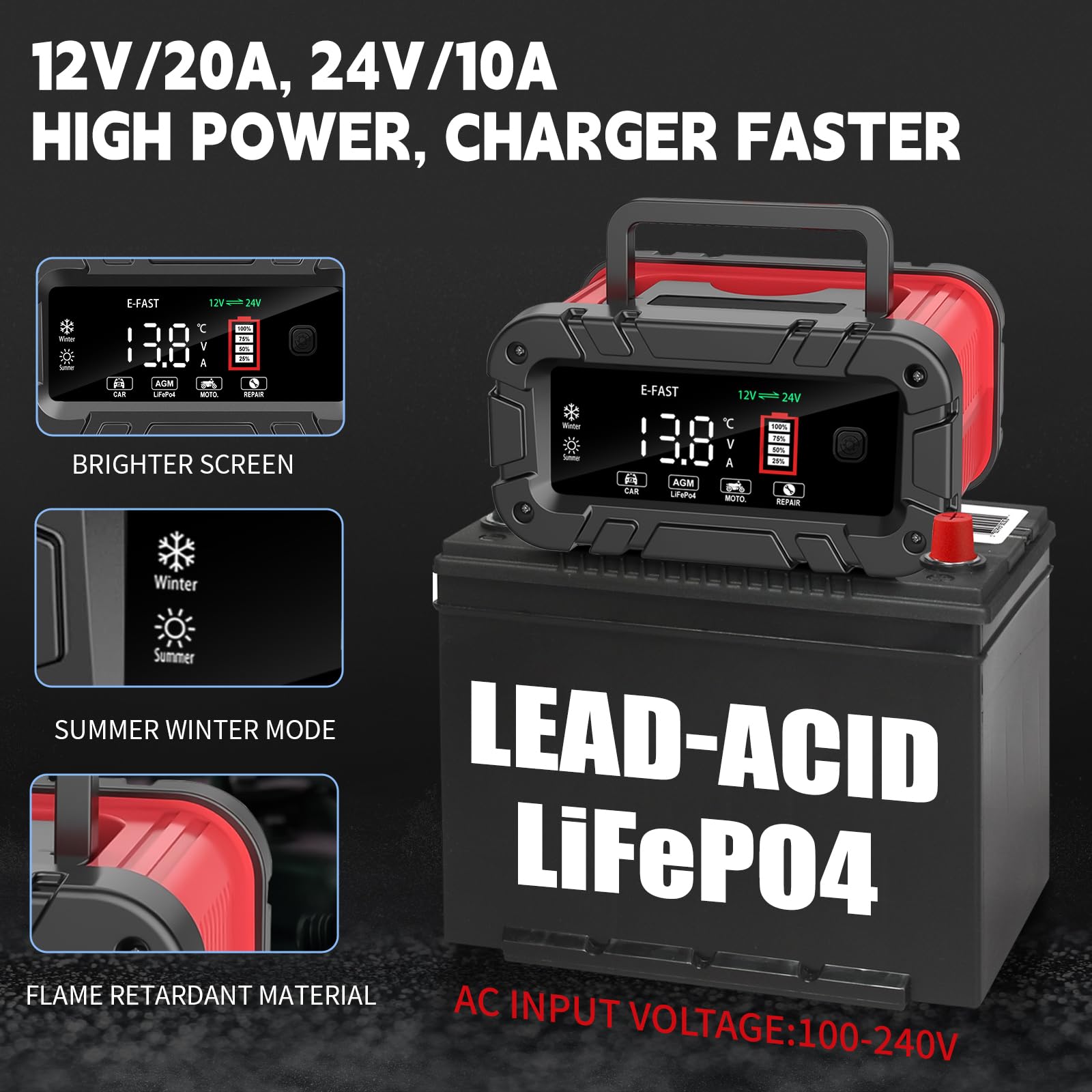 E-FAST Battery Charger 0-20A 12/24V Lifepo4 Lead Acid Automatic Smart Car Battery Charger, Trickle & Pulse Repair, Automobile Ba