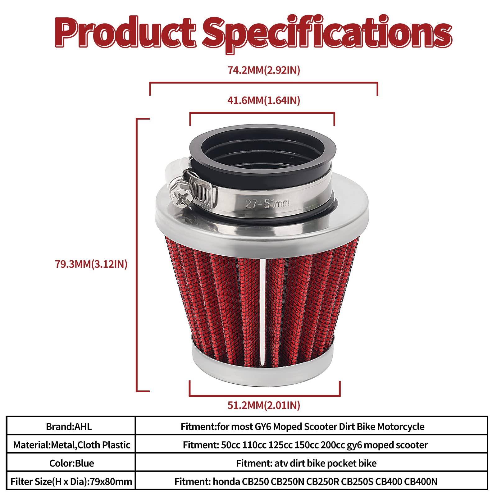 Ahl Red 42Mm Warehouse Performance Air Filter Pod / 150Cc-250Cc Motorcycle Scooter Atv Dirt Bike(1Pc)