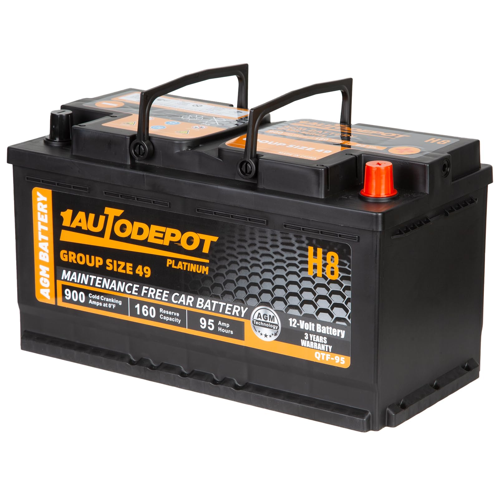 1Autodepot Bci Group 49 Car Battery, 12V 95Ah Size H8 Automotive Battery Premium Maintenance Free Agm Batteries, 900Cca, 160Rc