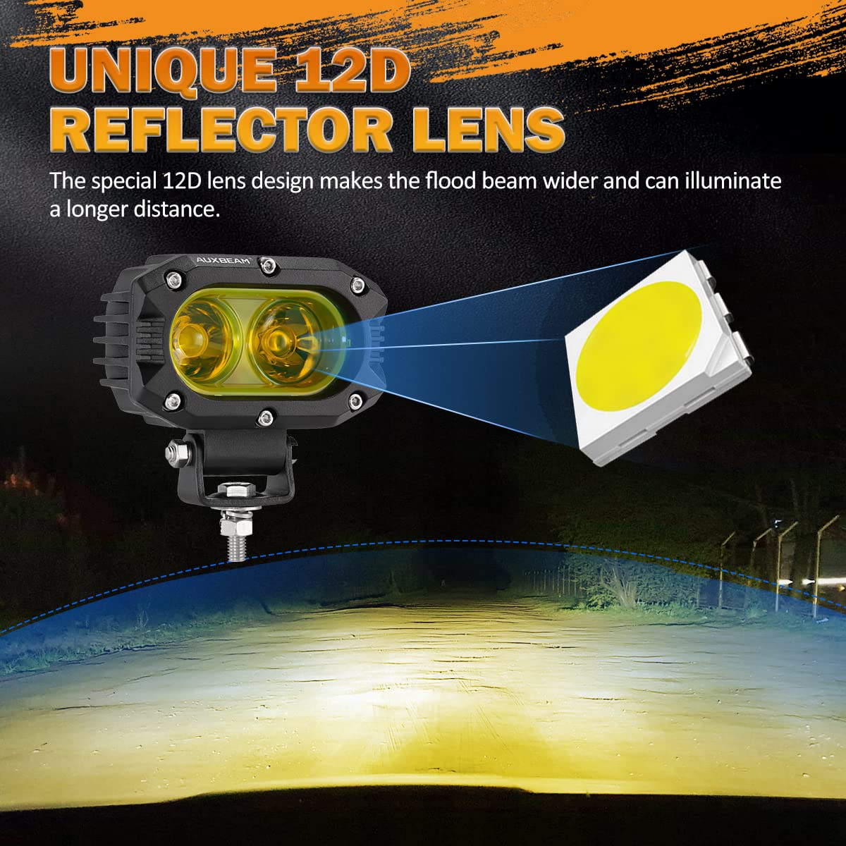 Auxbeam 4 Inch Led Amber Pod Light, 5050 Driving Light 60W Yellow Flood Beam Square Pod Fog Light With Dt Wiring Harness For Mot