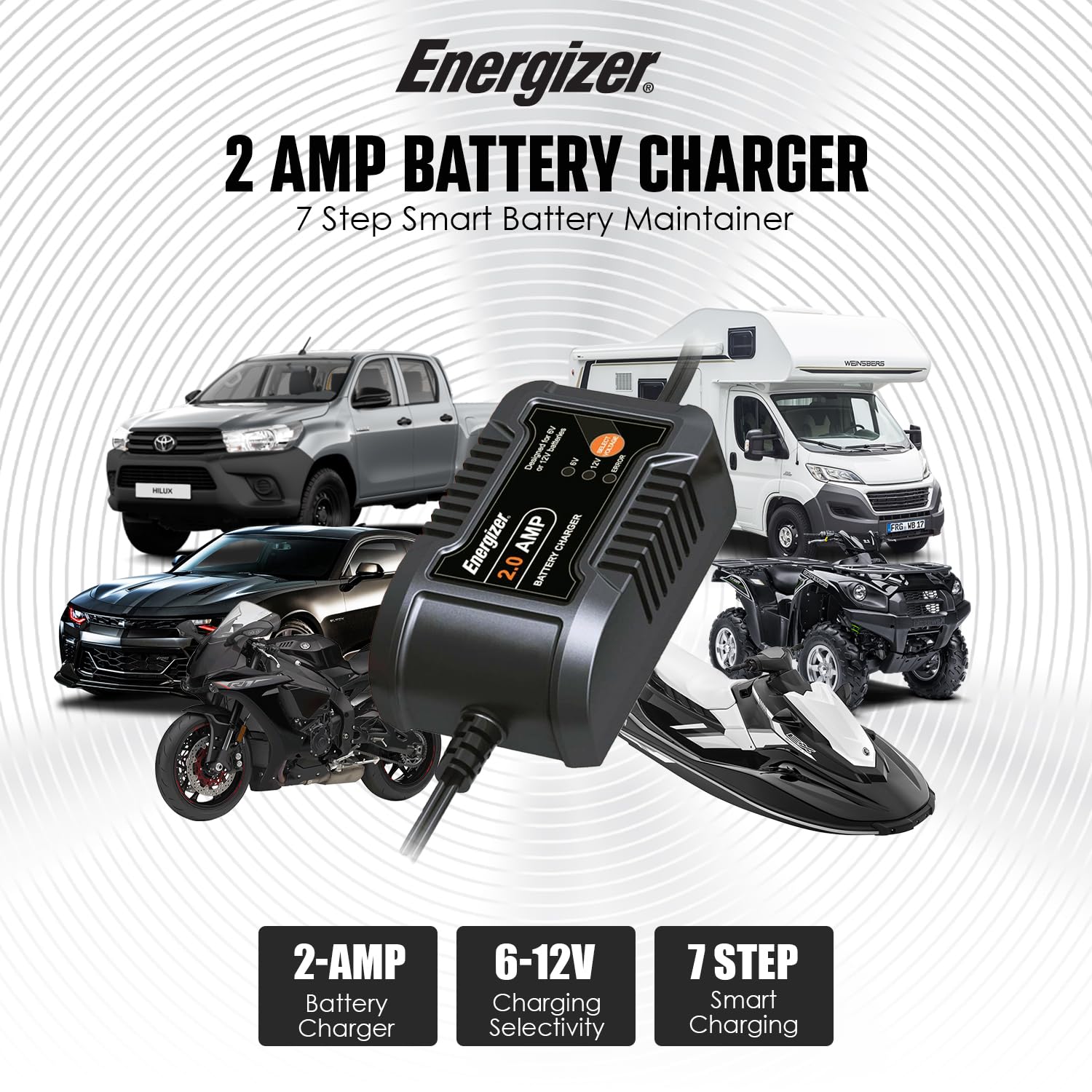 Energizer 2-Amp Battery Charger/Maintainer, 9-Step Smart Battery Car Charger, LCD Display, 6V/12V Voltage Detection for Auto, Mo