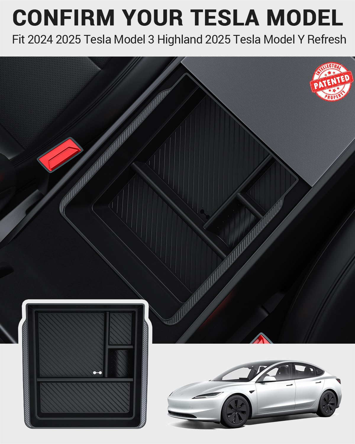 Basenor Armrest Console Organizer (Carbon Edition) For Tesla Model 3 Highland 2024 2025 Tesla Model Y 2025 Refresh (Juniper), Ar