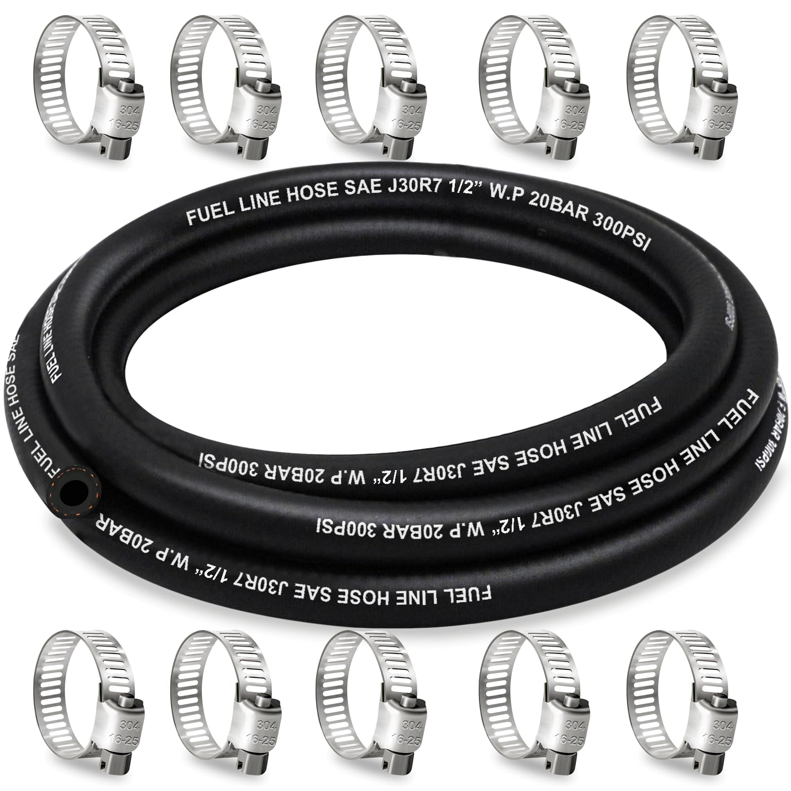 Housun Fuel Line 1/2 Inch Id, Fuel Hose 10Ft, J30R7 Fuel Line Hose Nbr With 10 Clamps.