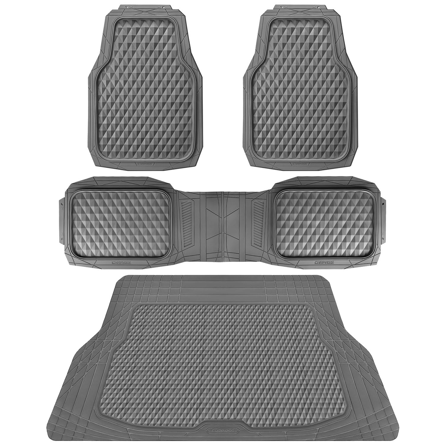 Car Pass Heavy Duty Rubber Gray Car Floor Mats & Cargo Liners, Deep Dish All-Weather Trunk Mats Durable Anti-Slip 3D Rhombus Wat