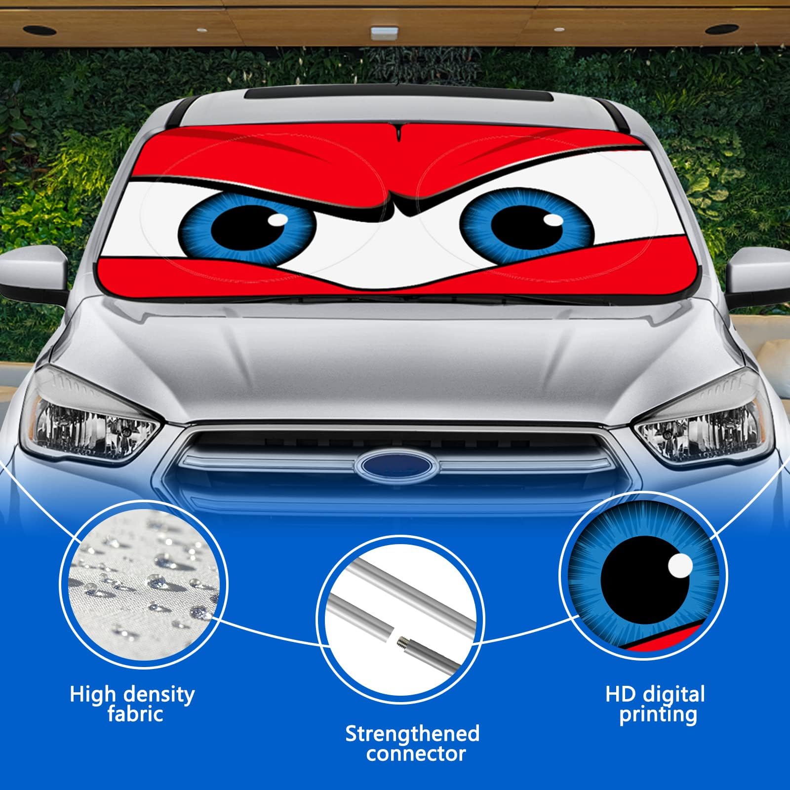 Car Windshield Sun Shade, Car Sun Shade Funny Car Eyes Sun Visor For Car Windshield, Wear-Resistant Black Tape, Foldable 63.7 ''