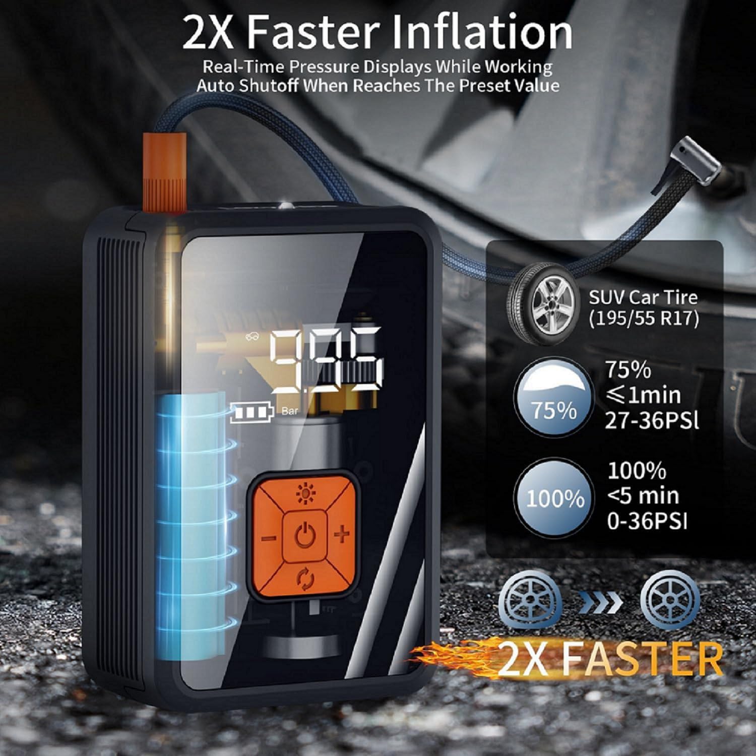 Lazyshine Portable Air Pump For Car Tires, 150 Psi Tire Inflator Cordless With Led Light, Rechargeable Auto Shut-Off Air Compres