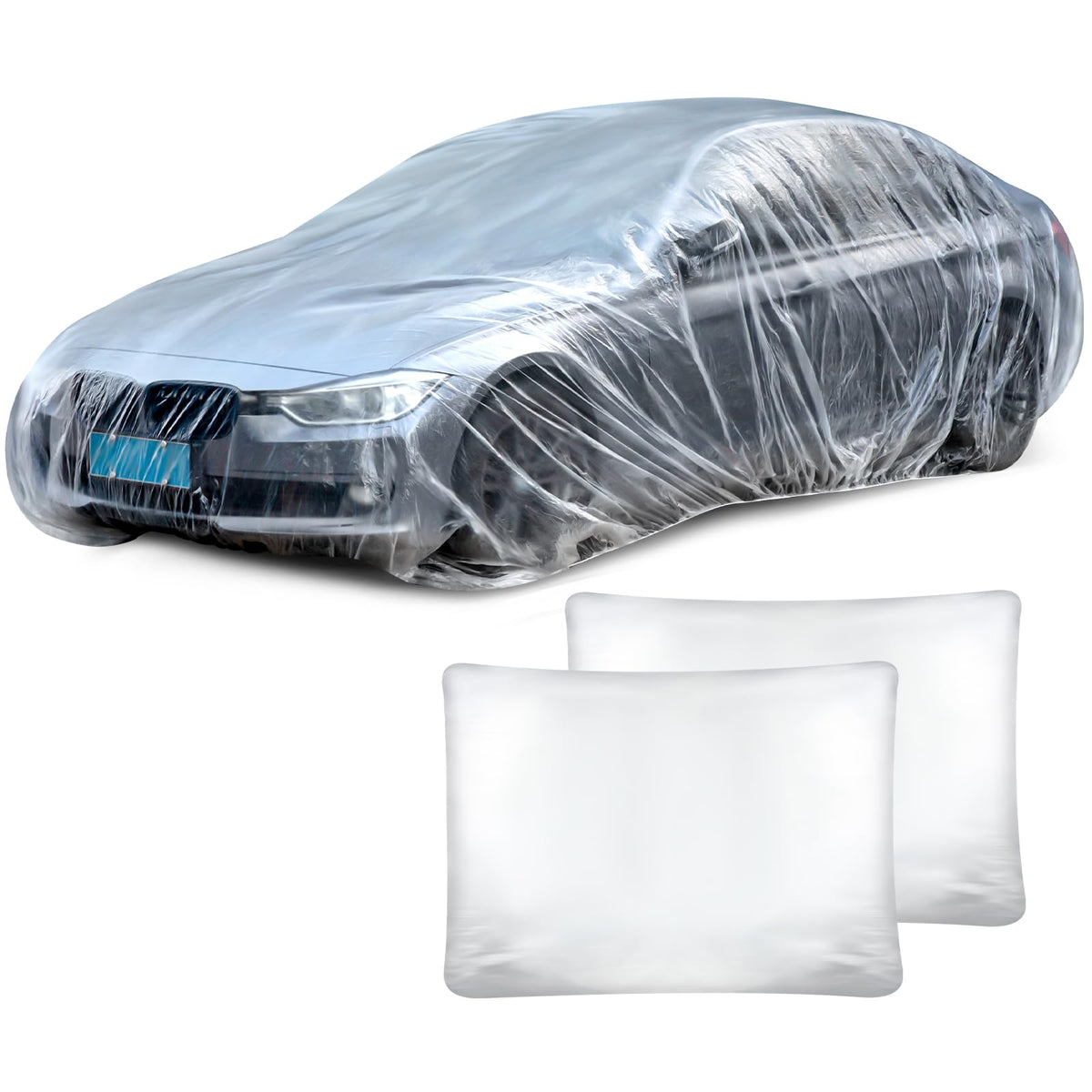 BBTO 2 Pack Universal Plastic Car Cover with Elastic Band Disposable Clear Car Covers Bulk 12.5 x 21.6 ft Waterproof Dustproof F