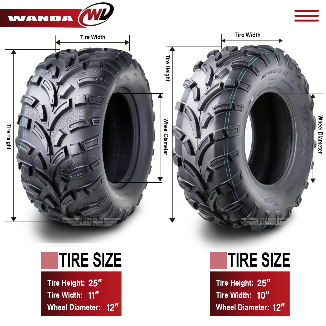 Wanda Set 6 Atv Utv Tires (2) 25X10-12 Front & (4) 25X11-12 Rear Mud 6X6