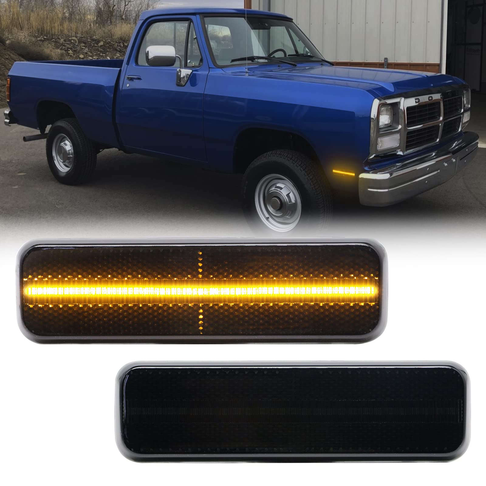 R&F Auto Led Front Smoked Side Marker Lights Compatible With Ram D150 D250 D350 W250 1972-1993 Pickup Ramcharger Bumper Sidemark