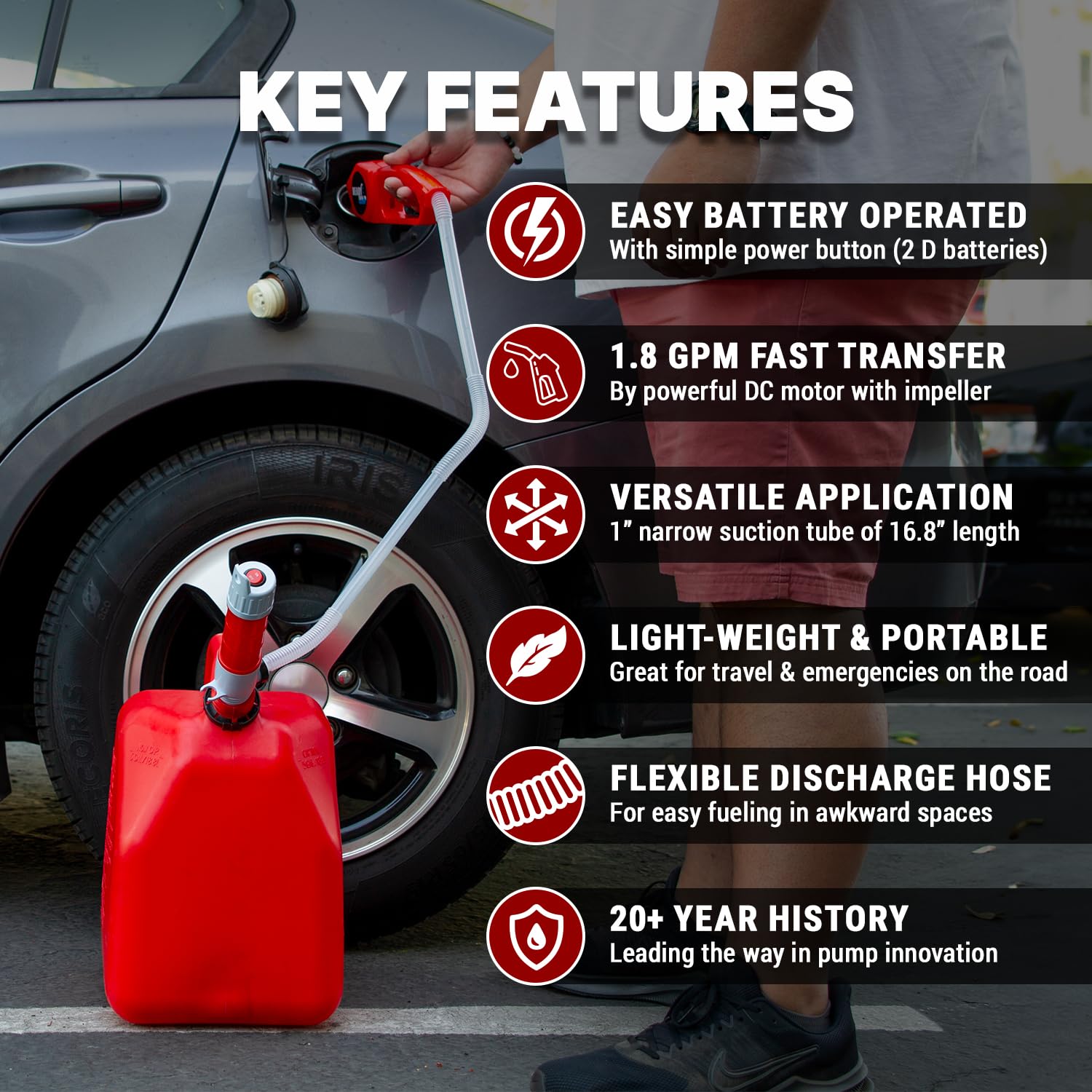 TERA PUMP Automatic Battery Powered Liquid Transfer Pump w/Gas Pump Style Nozzle for Water & Fuel - Portable & Compact Hand Fuel