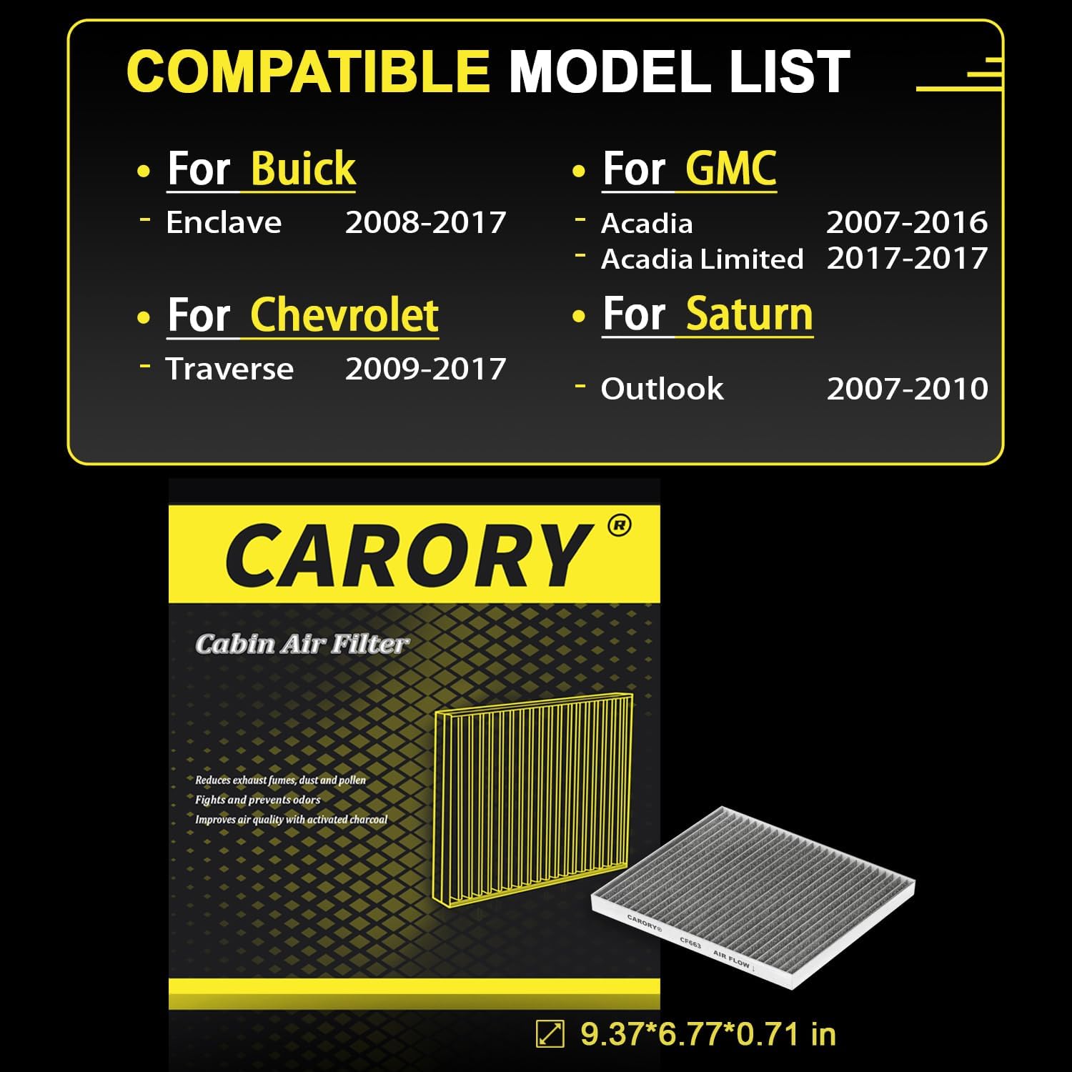 CARORY Cabin Air Filter w/Activated Carbon for 2008-2017 Buick Enclave, 2009-2017 Chevy Traverse, 2007-2016 GMC Acadia, 2017 GMC