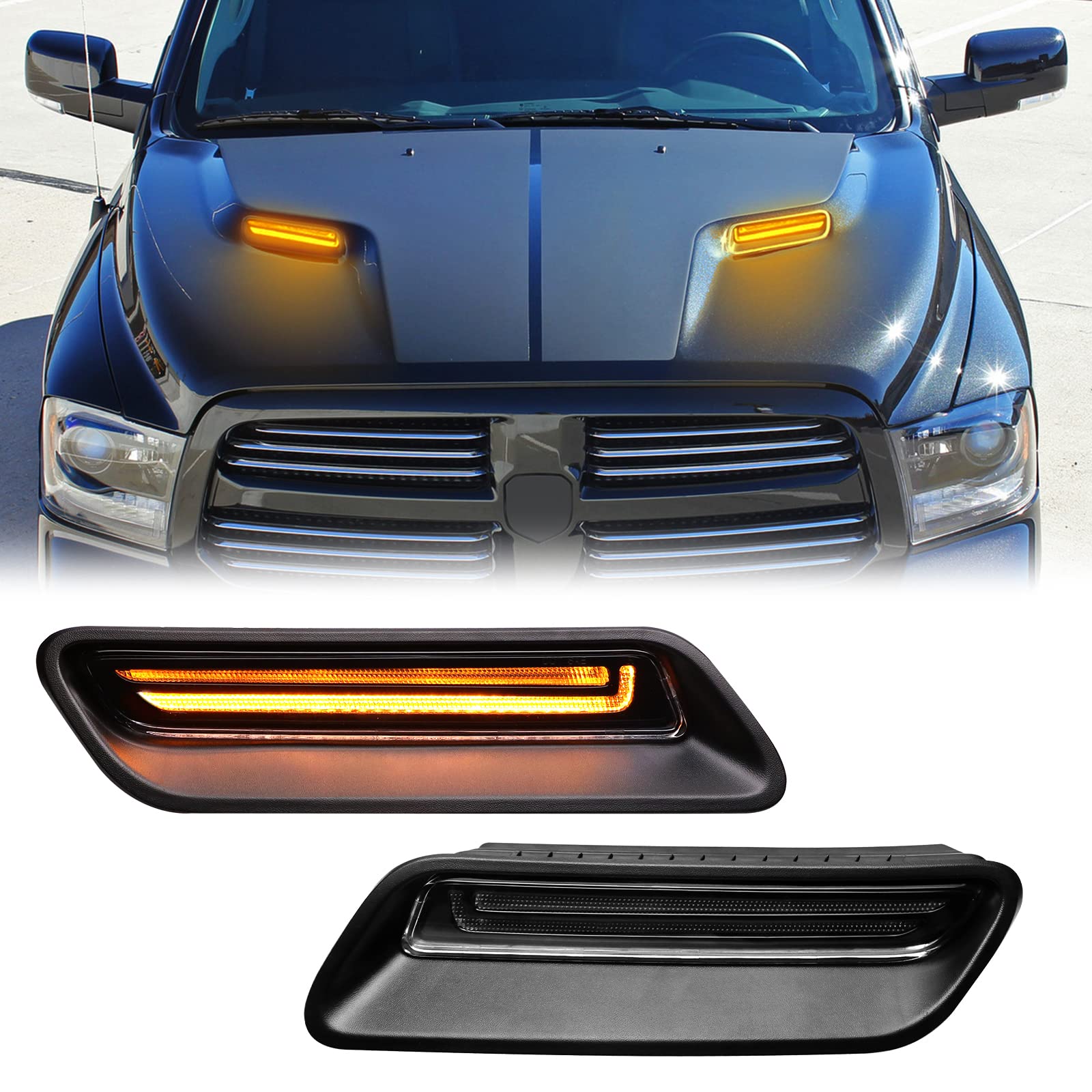 R&F Auto Clear Lens Sequential LED Hood Vent Lights Compatible with Ram 1500 (2010-2018) / Ram 1500 Classic (2019-2022) Hood Sco