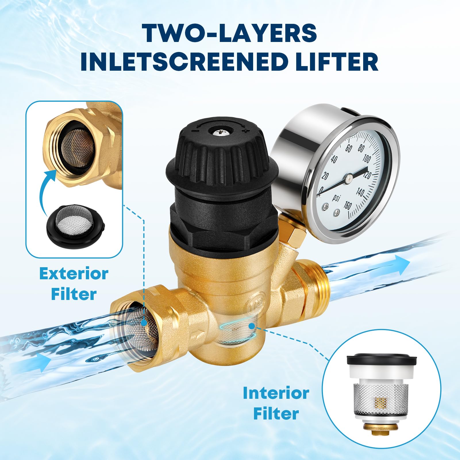 Kohree Rv Water Pressure Regulator For Rv Camper, Adjustable Handle Brass Lead-Free Reducer Valve Rv Water Pressure Regulator Wi