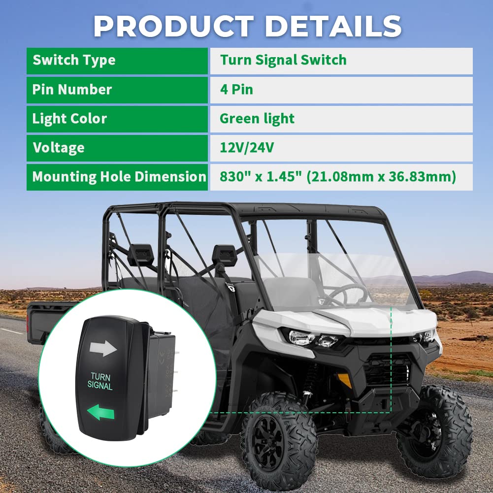 Foruly Turn Signal Rocker Switch Green Led On On/Off/On 4 Pin For Atv Utv Tractor Golf Cart Off-Road Universal Motor Internal Turn Signal Switch Light Turn Light Blinker Rocker Switch