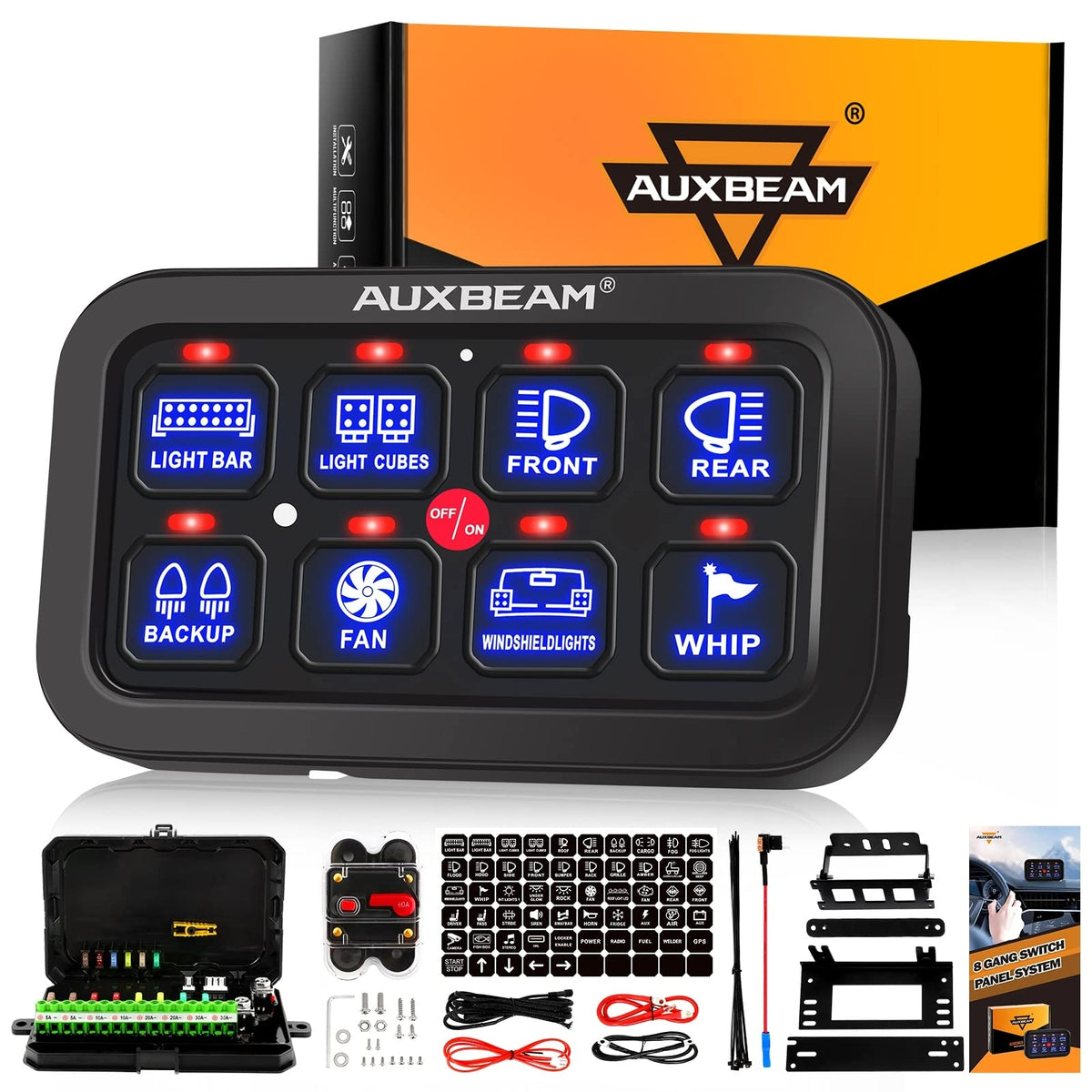 Auxbeam 8 Gang Switch Panel Ba80 Automatic Dimmable Led Touch Control Panel Box Electronic Relay System Car Touch Switch Box Universal For Truck Atv Utv Boat Marine Suv Caravan -Blue, 2 Years Warranty