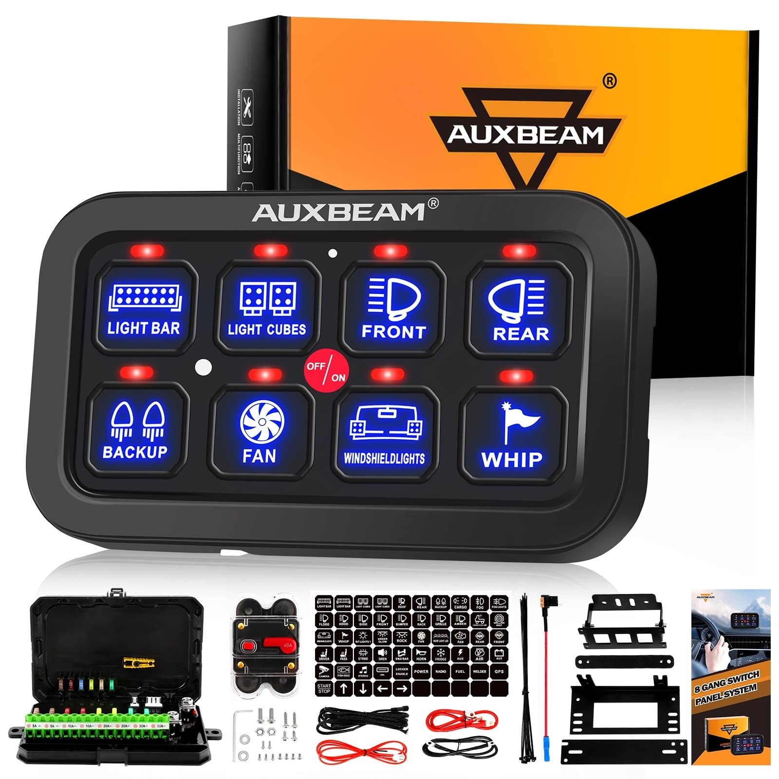 Auxbeam 8 Gang Switch Panel BA80 Automatic Dimmable LED Touch Control Panel Box Electronic Relay System Car Touch Switch Box Uni