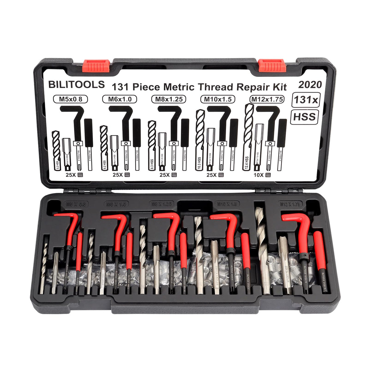 Bilitools Thread Repair Kit Metric, 131-Piece Hss Drill Helicoil Repair Kit M5 M6 M8 M10 M12