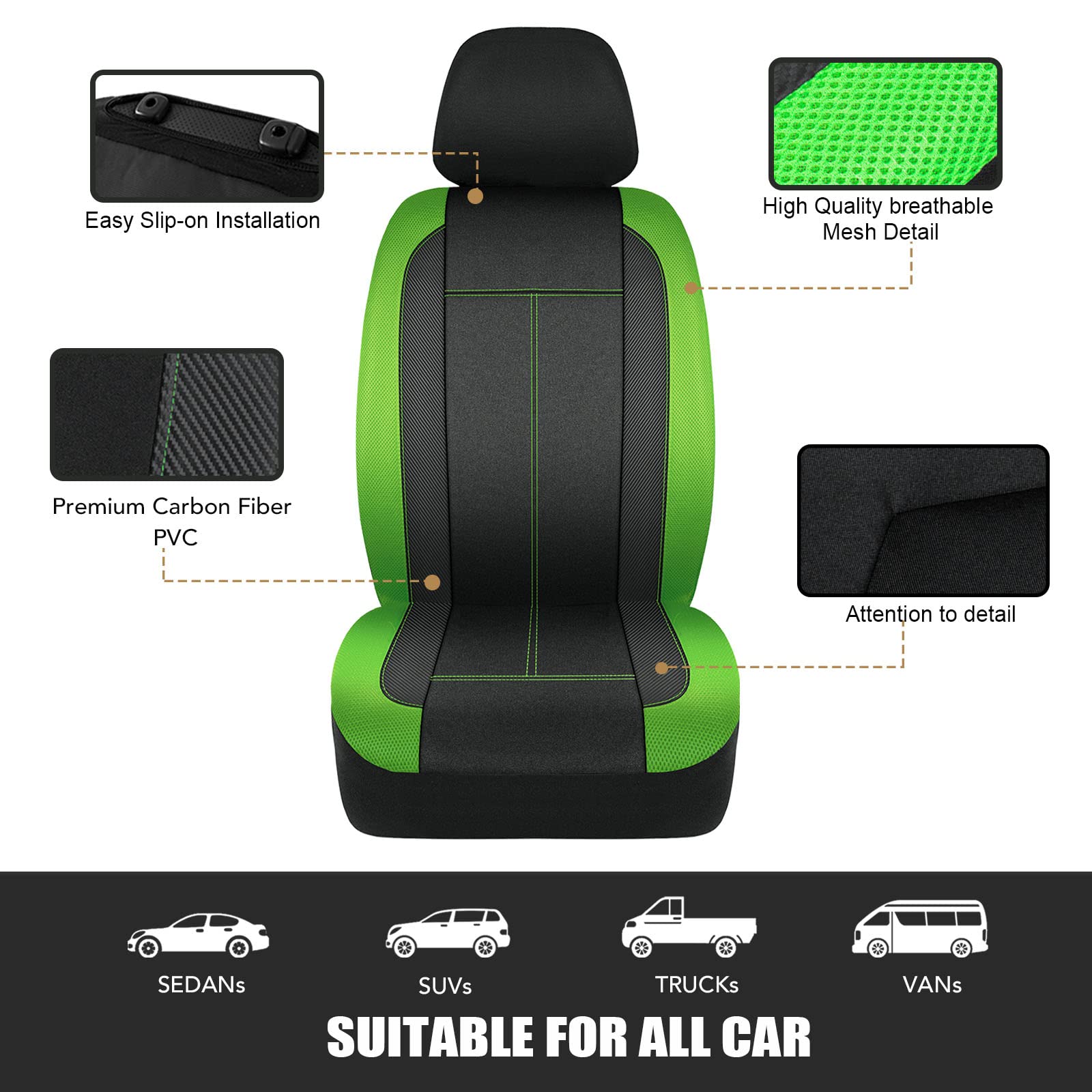 PIC AUTO Low Back Front Car Seat Covers - Sports Carbon Fiber Mesh Design, Two Front Set, Airbag Compatible, Universal Fit for M