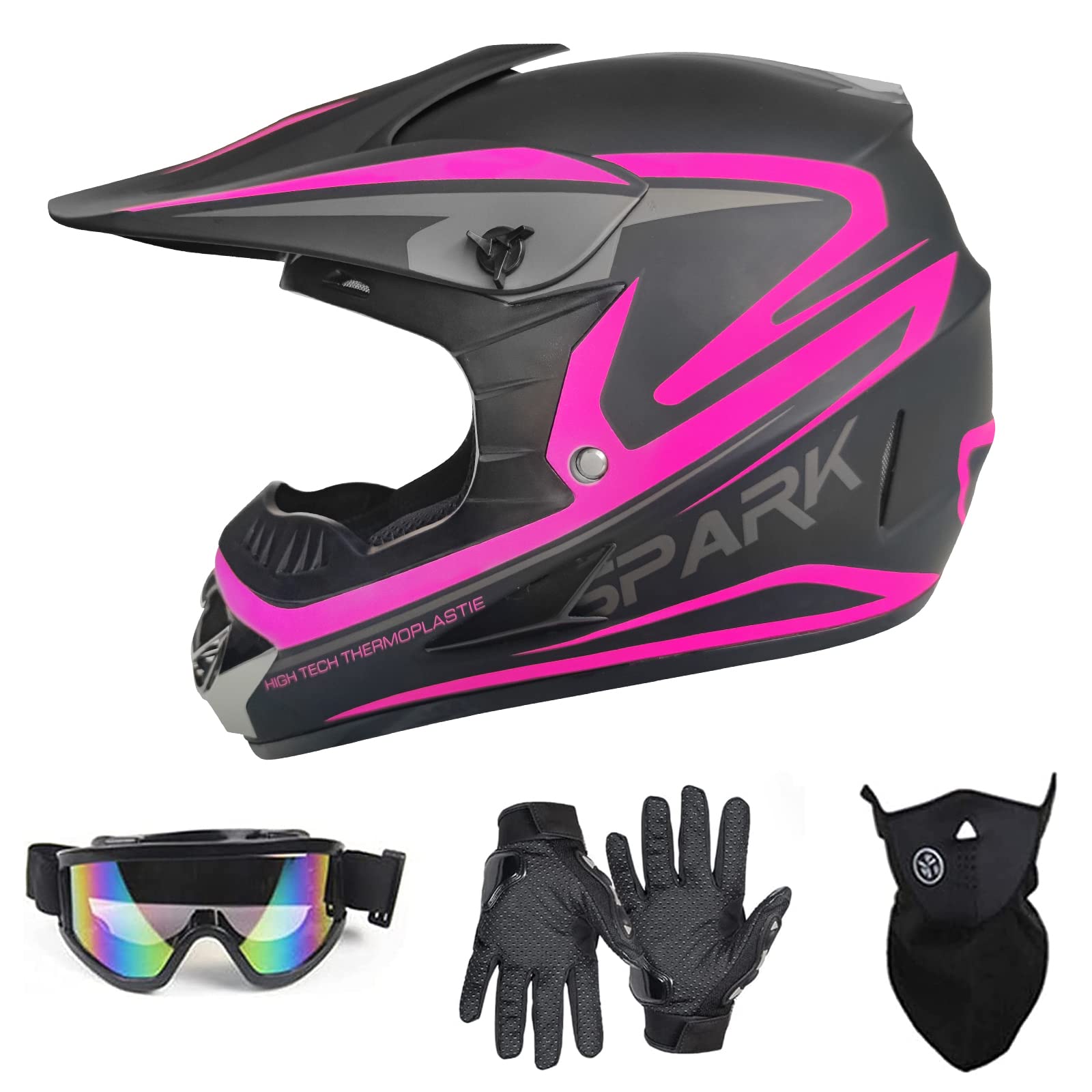 Youth Adult Anti-Collision Dirt Bike Helmet Trend Skull Atv Dot Approved Bmx Youth Helmet Suv Mask Goggles Gloves,Dirt Bike Downhill Off-Road Mountain Bike Helmet 4-Piece Set (Pink, Medium)