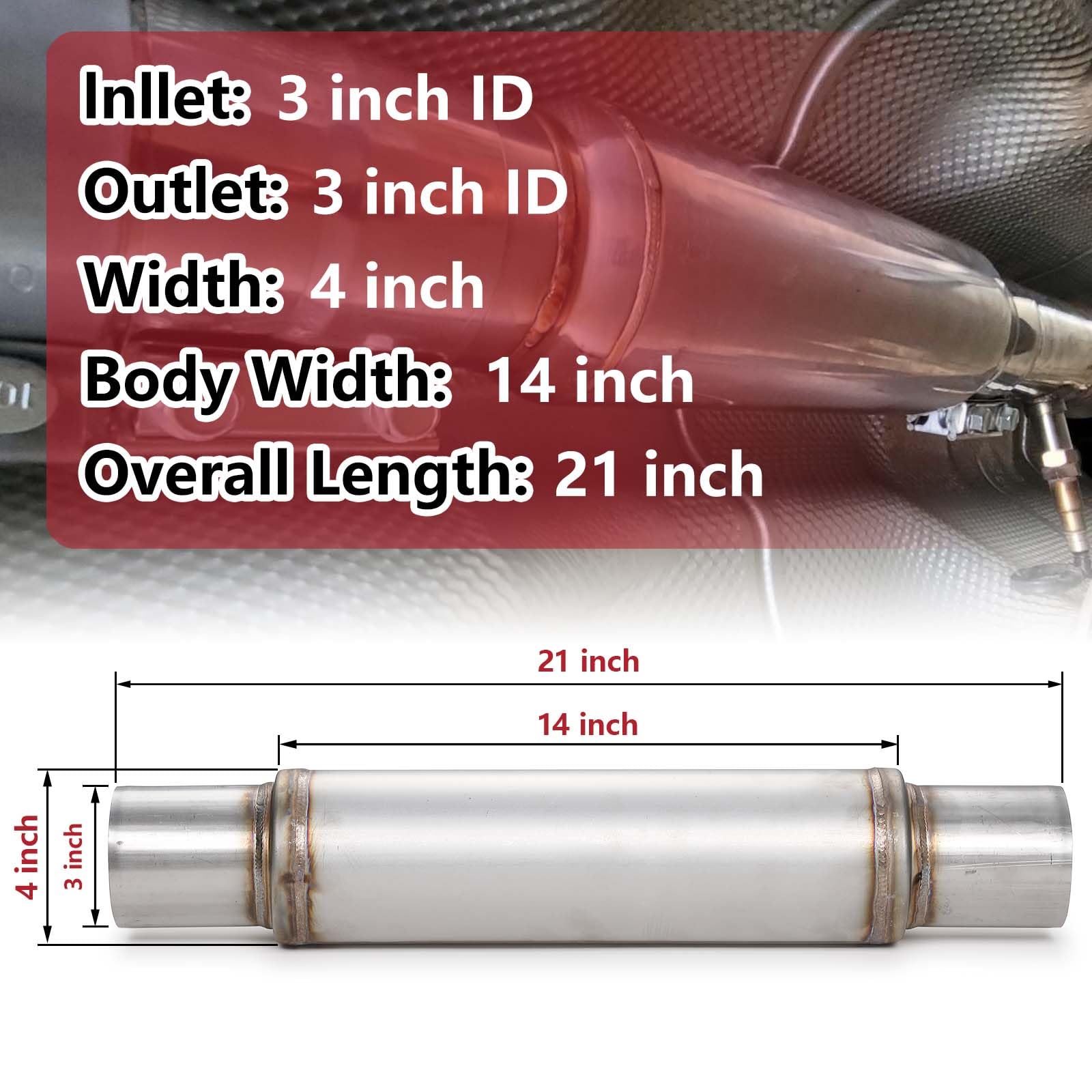 A-Karck 3'' Inlet Exhaust Resonator, 3'' Inlet 3'' Outlet 21'' Overall Length Muffler Resonator Stainless Steel