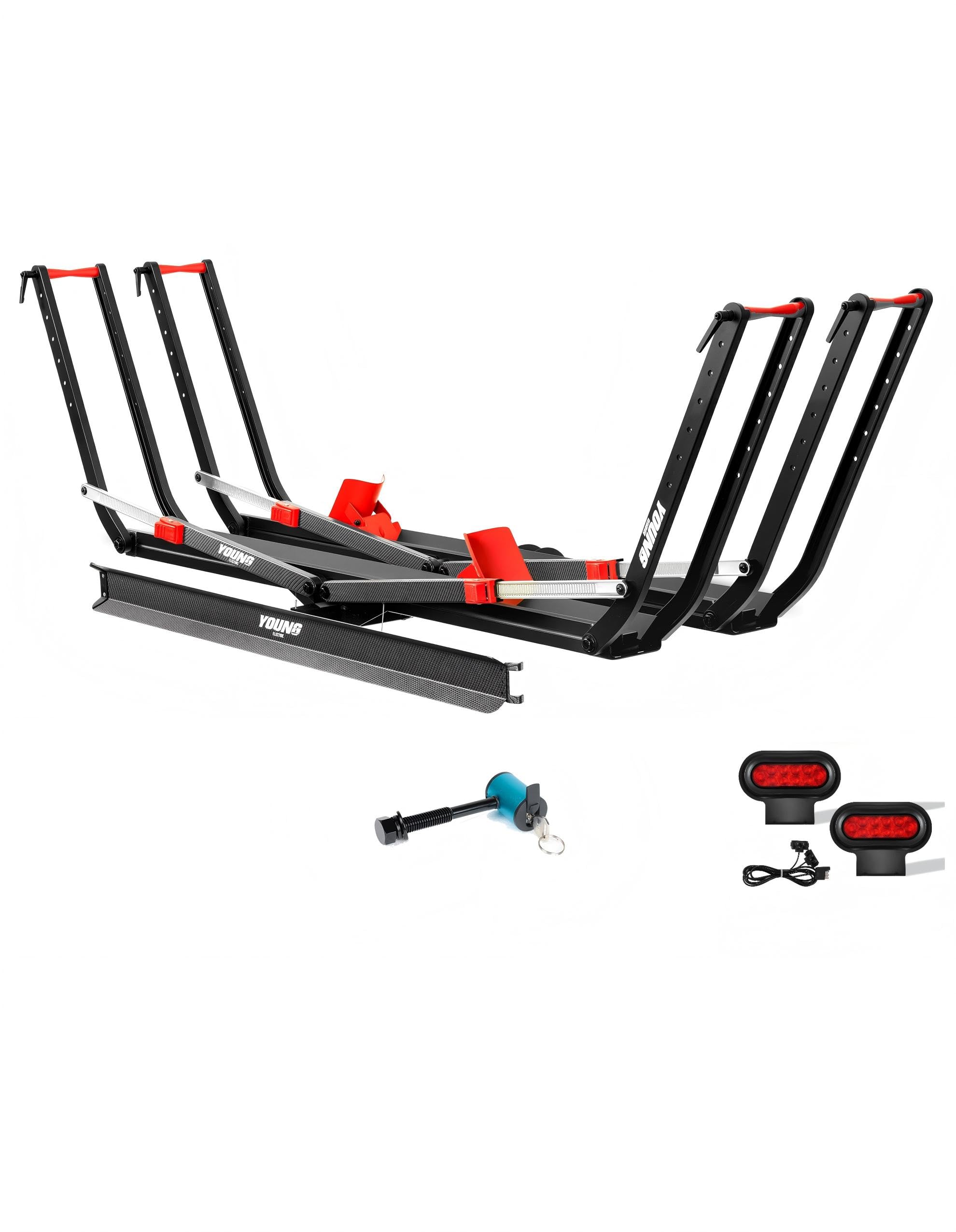 Young Ebike Rack & Brake Light Bundle, 2-Bike Hitch Mount Platform with Ramp, Fits Fat Tire up to 5, Foldable Carrier for Car SU