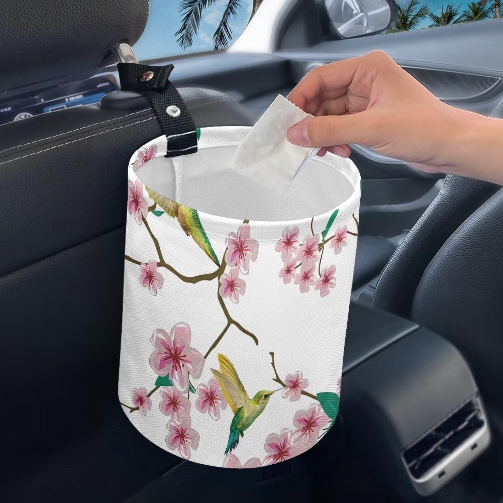 Brosoneto Car Trash Can Pink Cartoon Cherry Blossom Reusable Portable Car Garbage Bin Easy to Clean Collapsible Waste Multipurpo