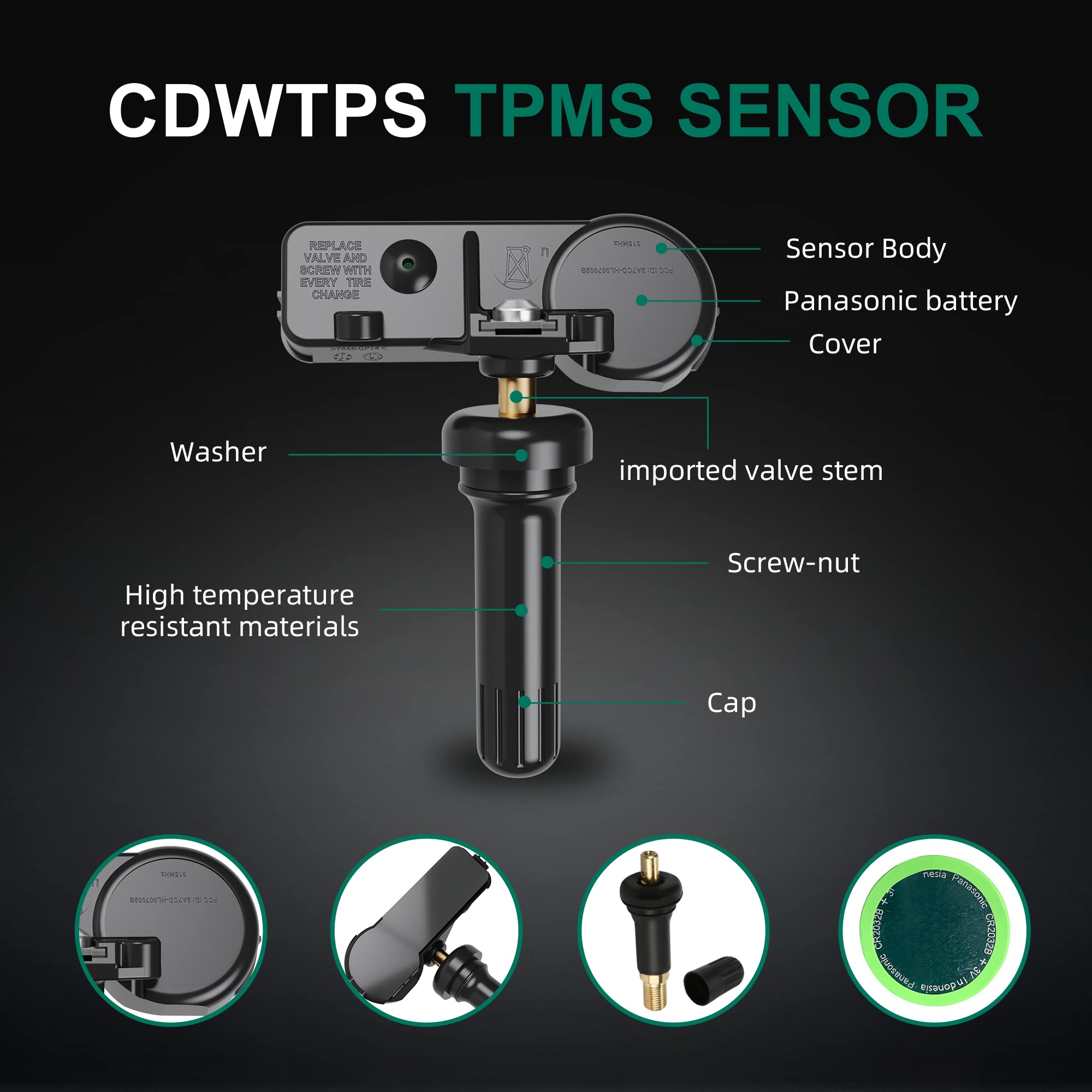 CDWTPS TPMS Sensor 315MHz - Compatible with Chevy Silverado, GMC, Cadillac, Buick - 4 Pack, Model 13586335, Black