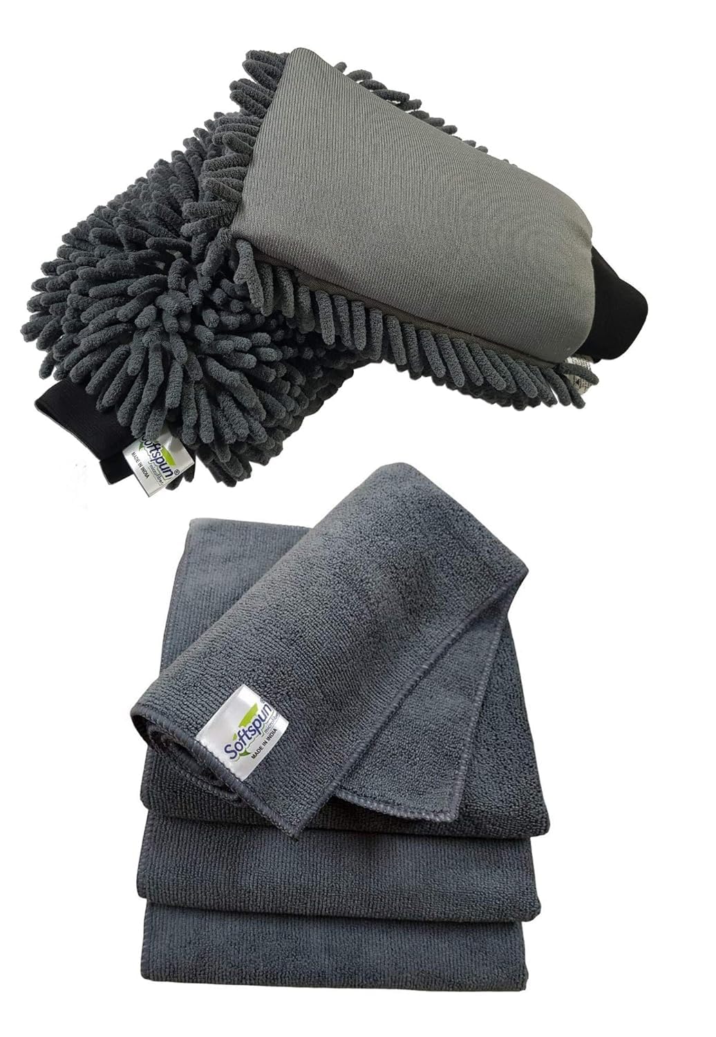 SOFTSPUN Microfiber Chenille & SingleSide Gloves 1700 GSM with Towel 340 GSM, 4 Piece Combo Grey, MultiPurpose Super Absorbent