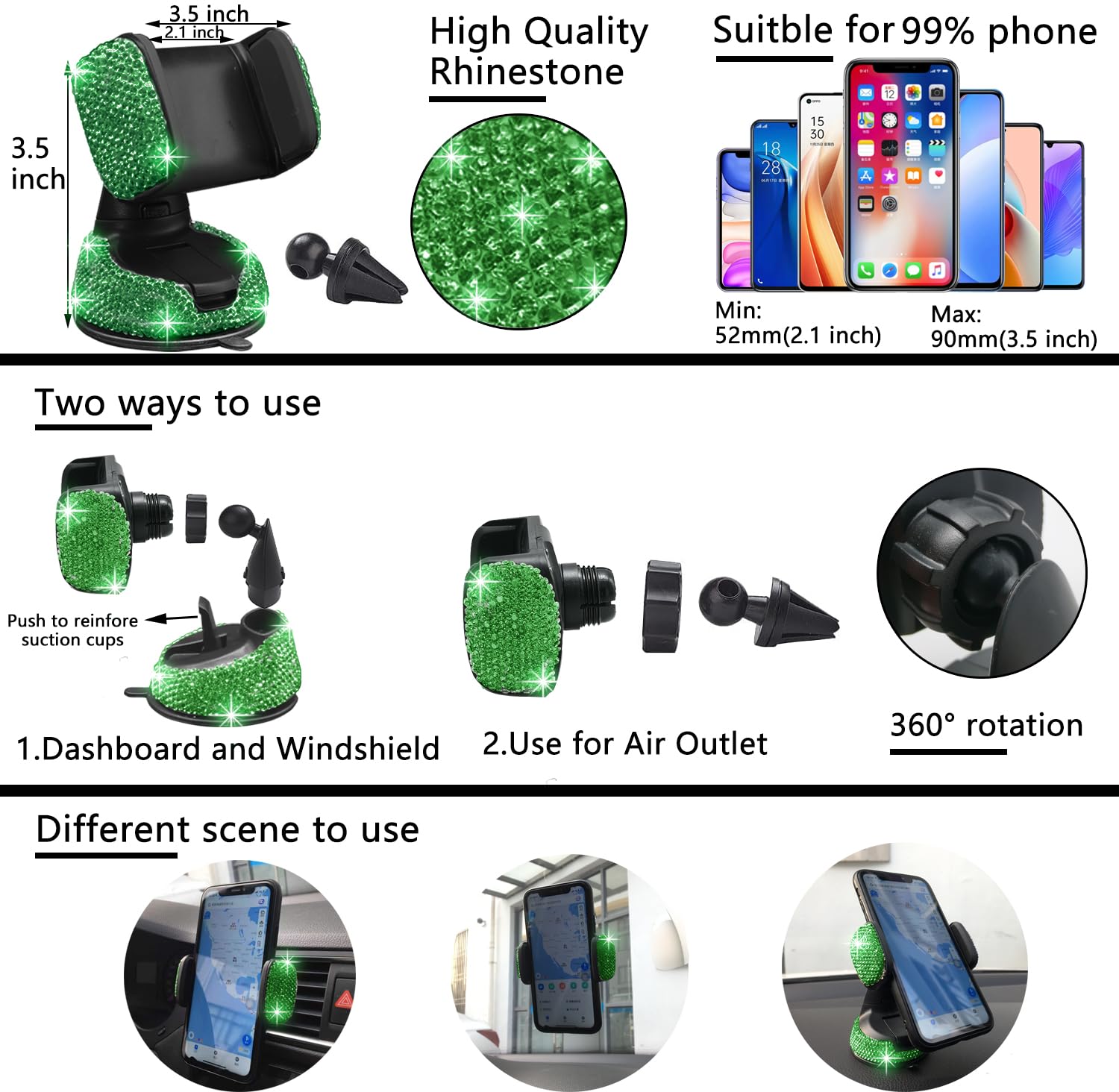 NBTEPEM 27 PCs Green Bling Car Accessories Set for Women, Bling Steering Wheel Covers Universal Fit 15 Inch, Bling License Plate