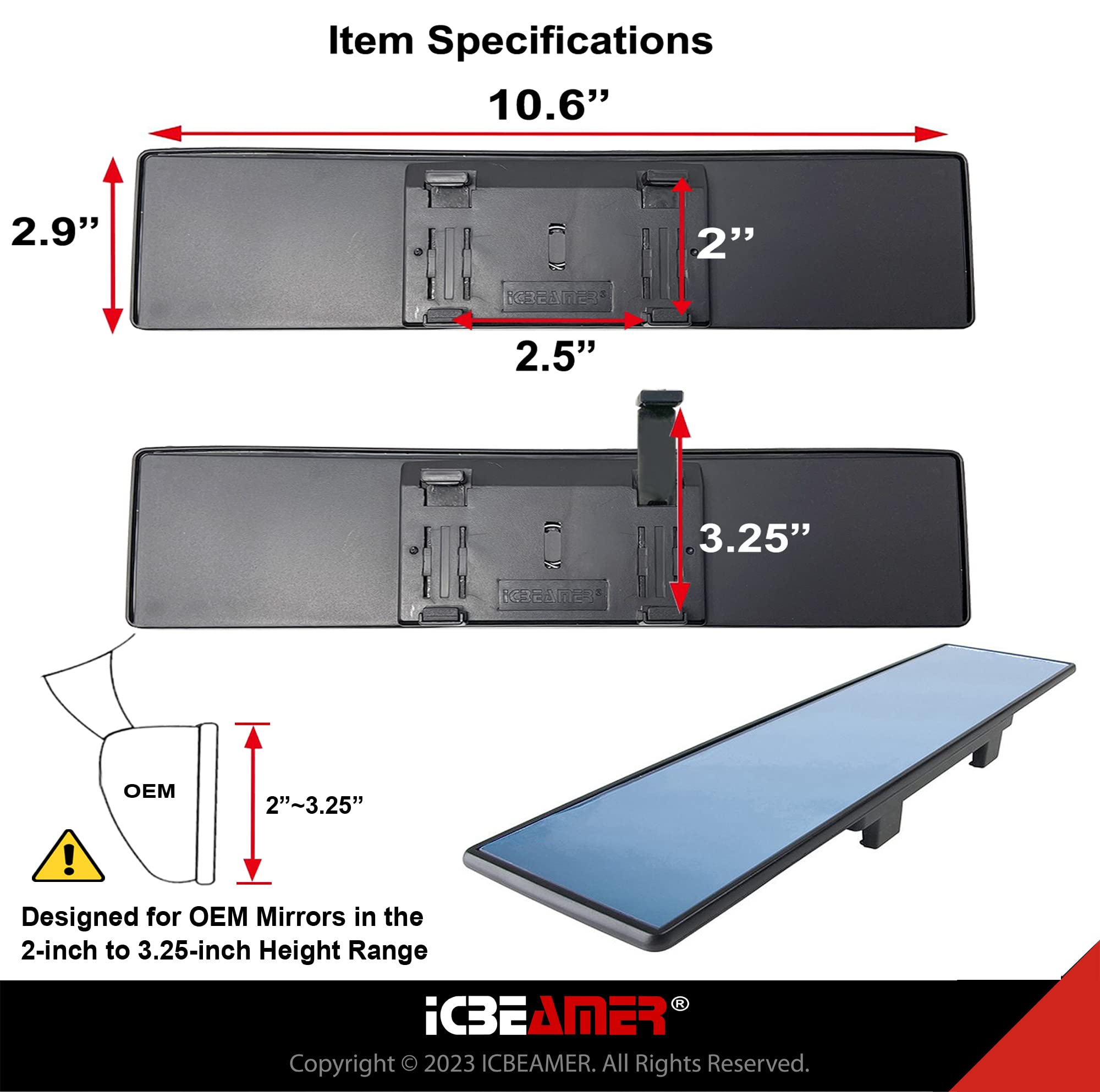 Icbeamer 10.6'' Car Rear View Mirror, Blue Tint Flat Surface, 270Mm Panoramic Accessories, Wide Angle Blindspot For Car, Rubber