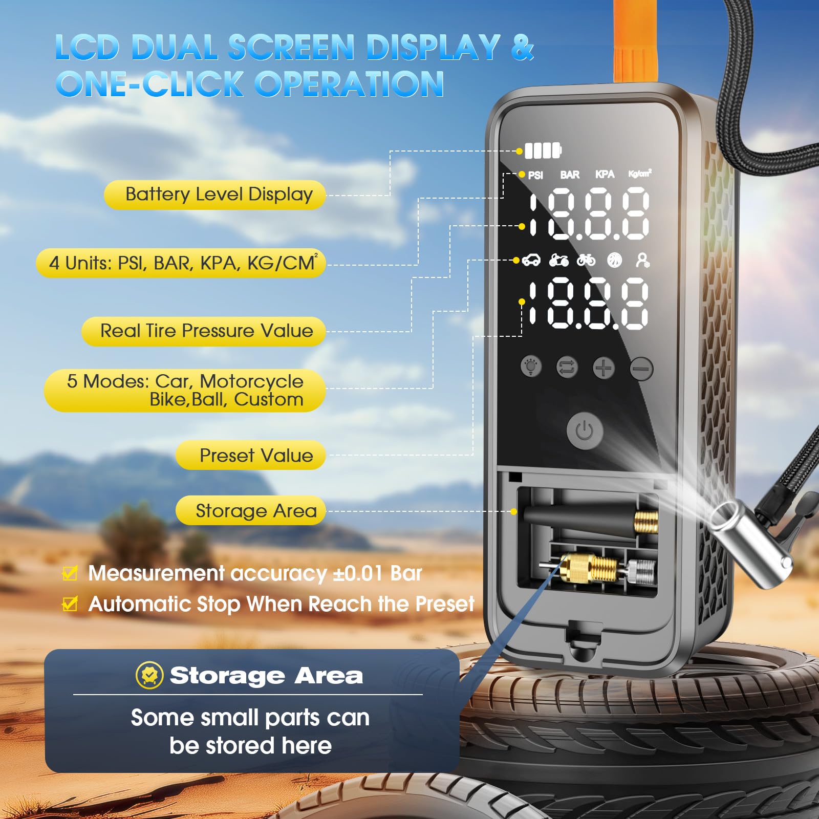 Kzkb Tire Inflator Portable Air Compressor, 160 Psi Air Pump For Car Tires With Digital Pressure Gauge, Electric Bike Pump With