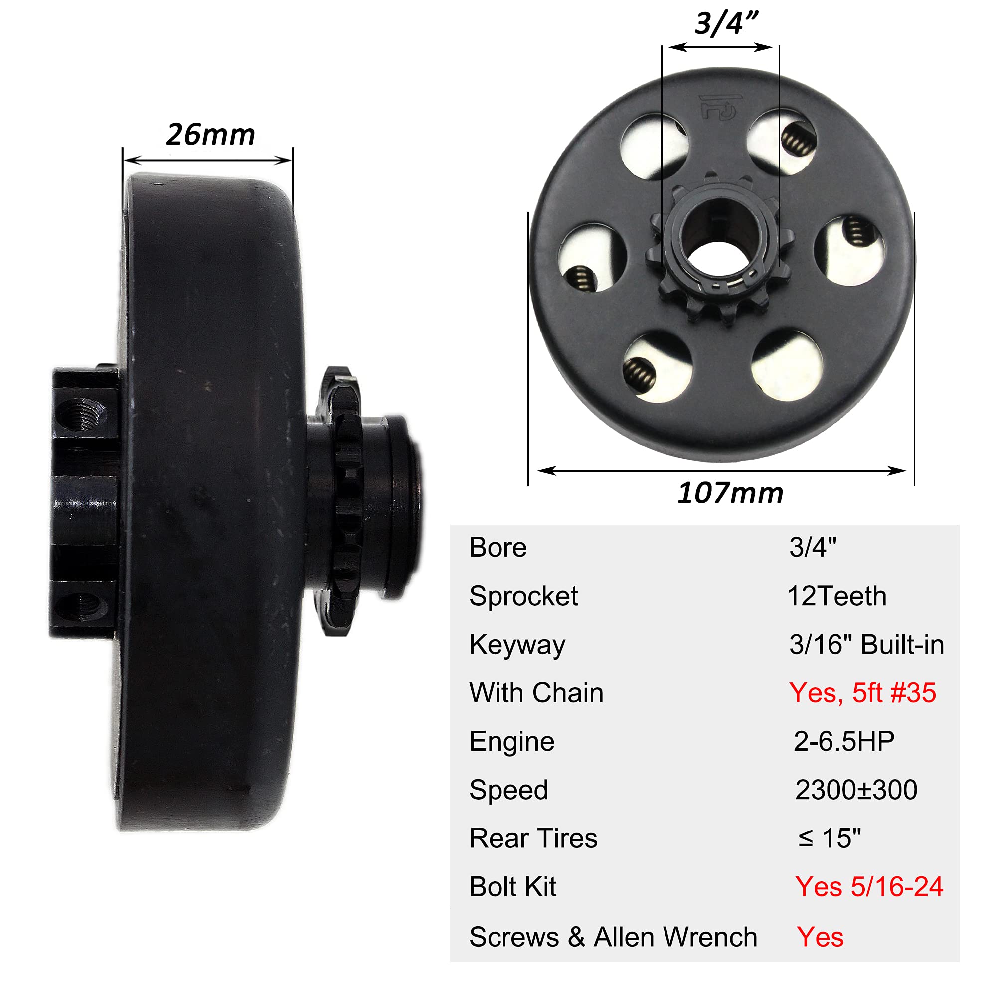 Fdj 3/4' Centrifugal Clutch 12 Tooth With 35 Chain Go Kart Clutch 3/4 Bore And Chain Kit For Mini Bike, Fun Kart, Fits 2-7 Hp Honda Engines