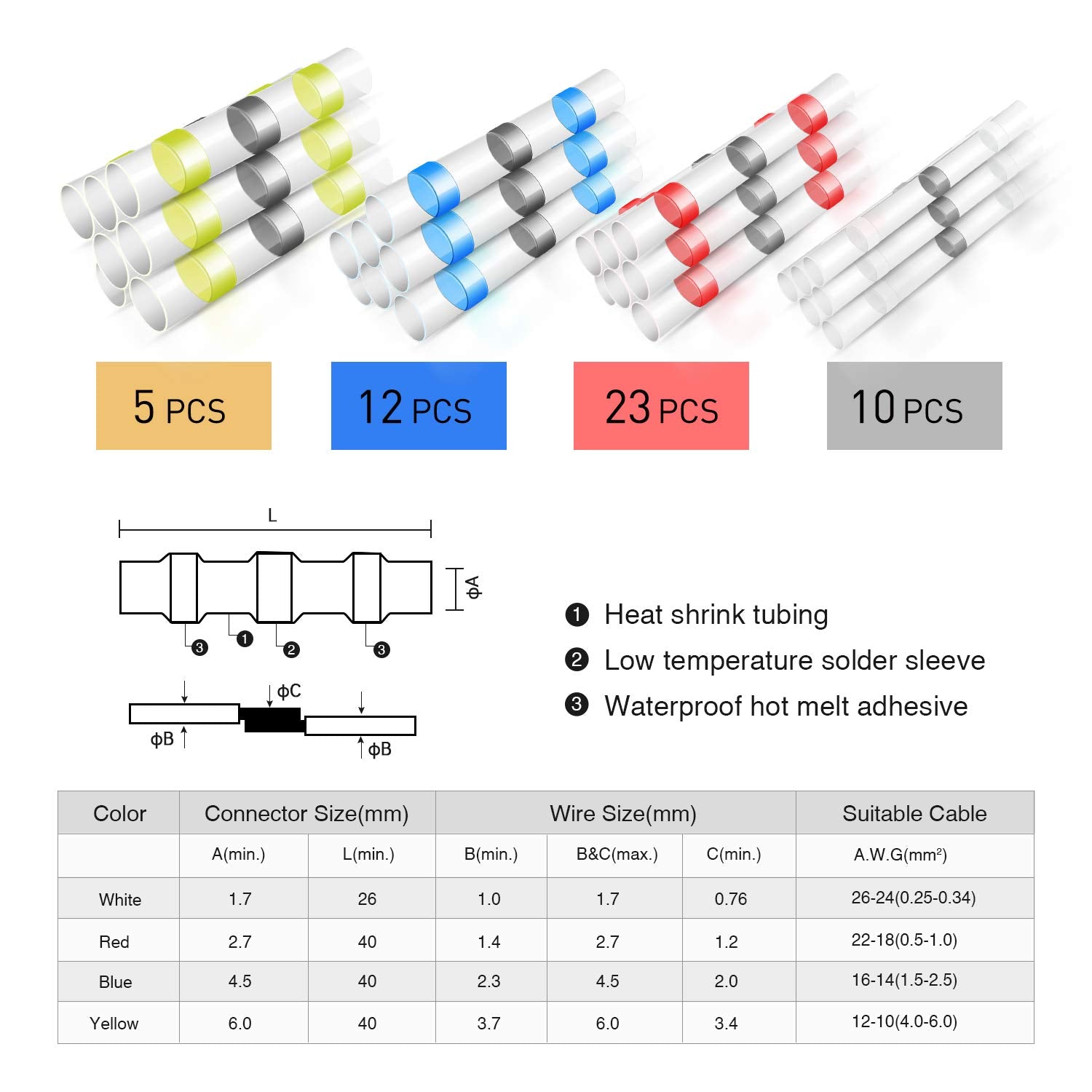 Nilight - 50025R 50pcs Solder Seal Wire Connector, Solder Seal Heat Shrink Butt Connectors,Electrical Waterproof Insulated Marin